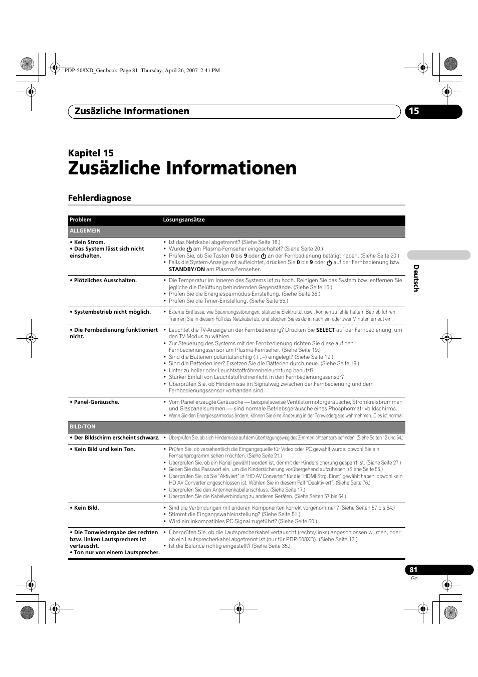 15 zusäzliche informationen, Fehlerdiagnose, Zusäzliche informationen | Zusäzliche informationen 15, Kapitel 15 | Pioneer PDP-428XD User Manual | Page 253 / 260