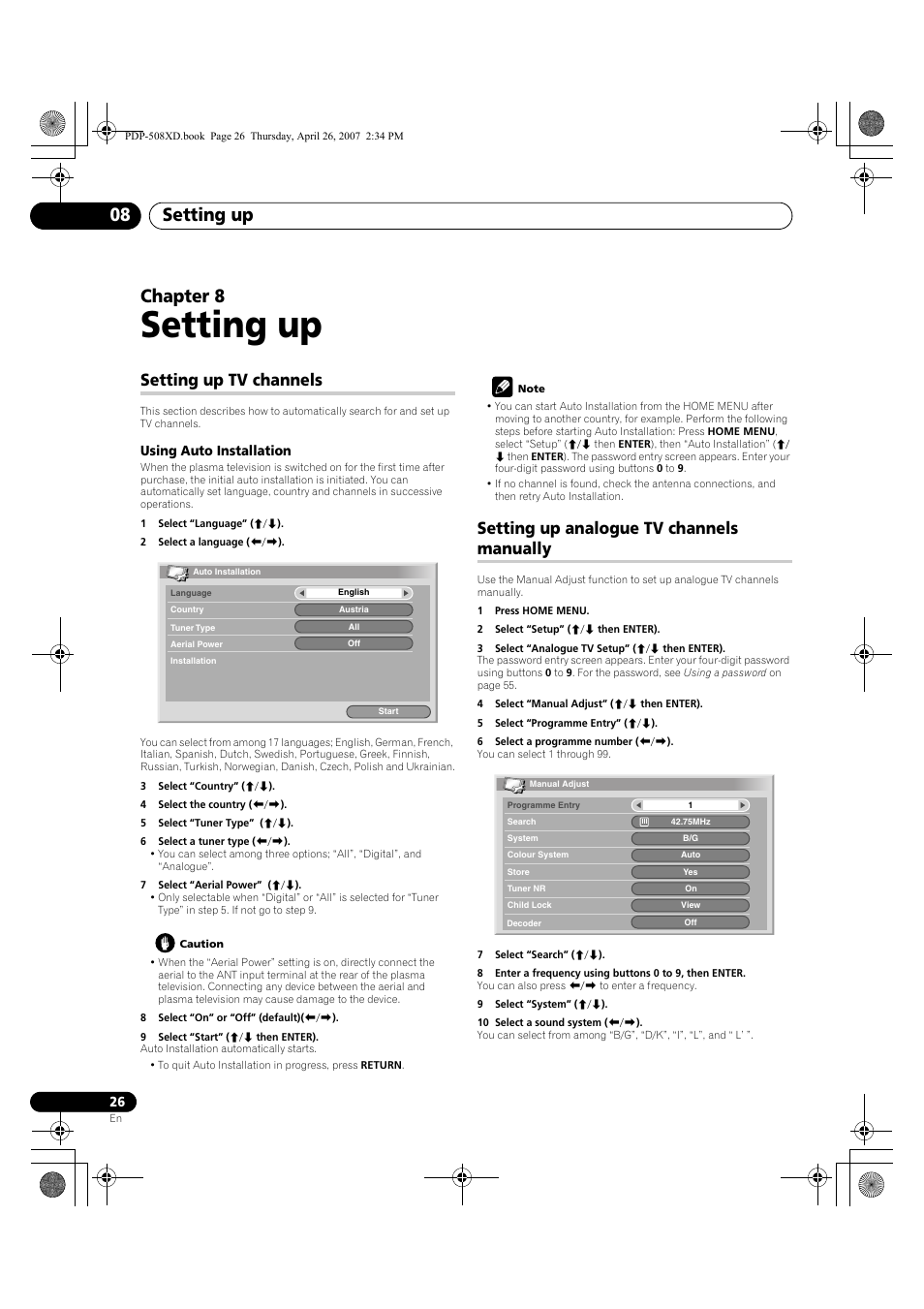 08 setting up, Setting up, Setting up 08 | Chapter 8, Setting up tv channels, Setting up analogue tv channels manually | Pioneer PDP-428XD User Manual | Page 26 / 260