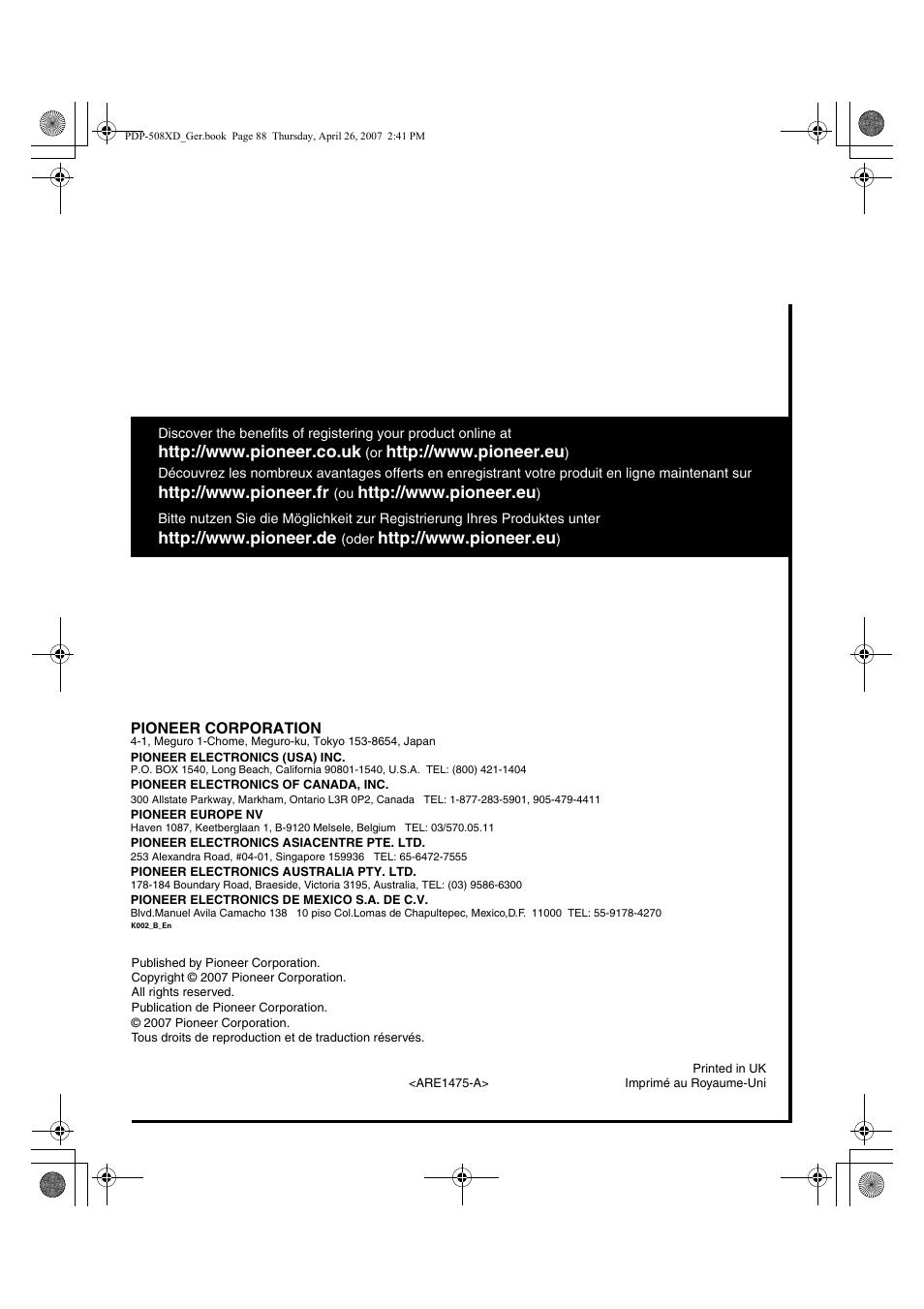Pioneer PDP-428XD User Manual | Page 260 / 260