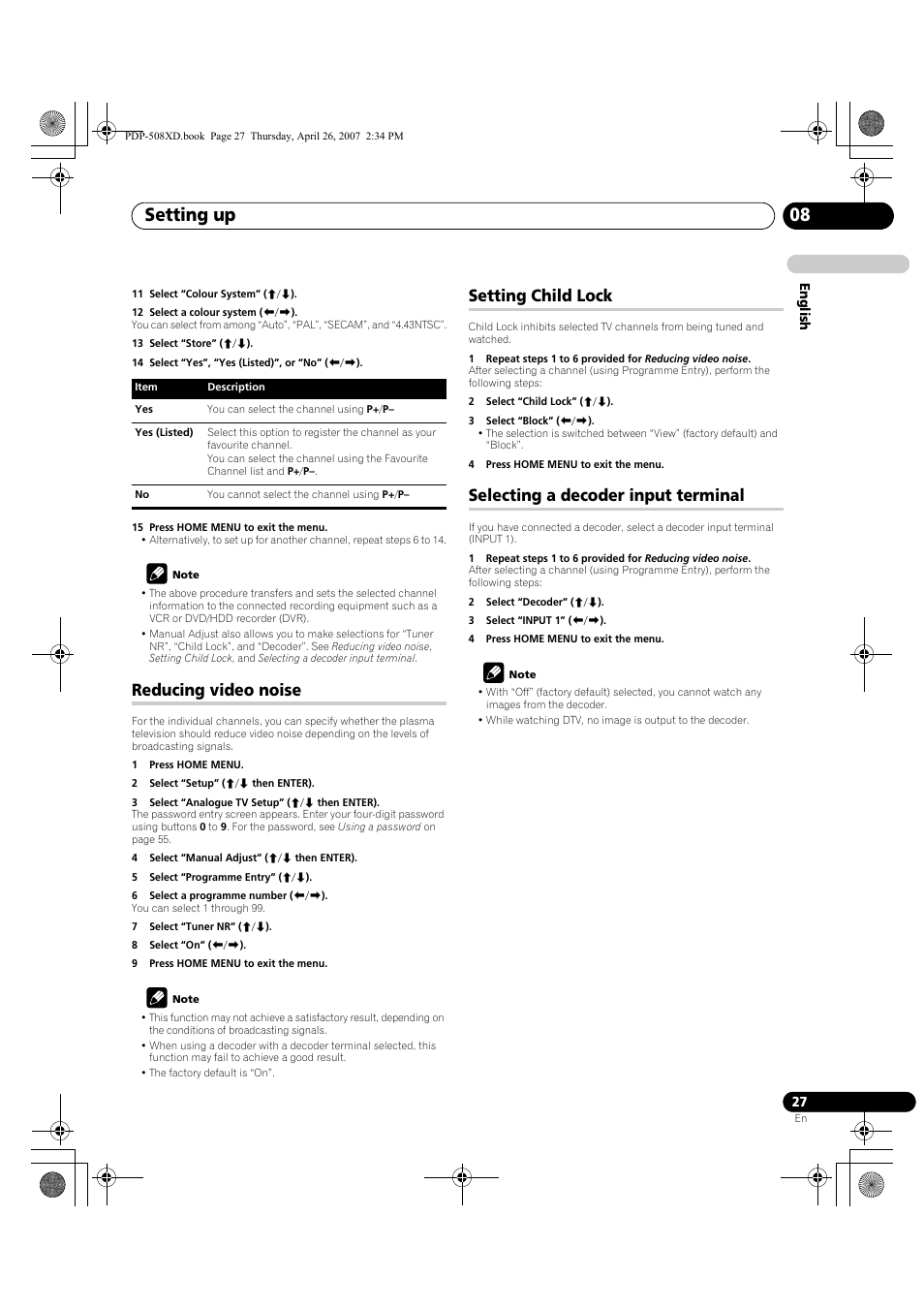 Setting up 08, Reducing video noise, Setting child lock | Selecting a decoder input terminal | Pioneer PDP-428XD User Manual | Page 27 / 260