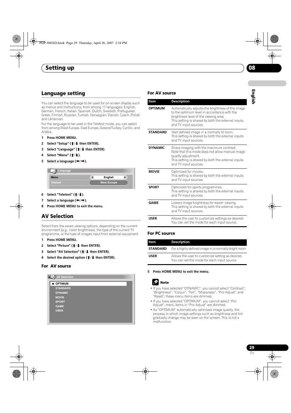 Language setting av selection, Setting up 08, Language setting | Av selection | Pioneer PDP-428XD User Manual | Page 29 / 260