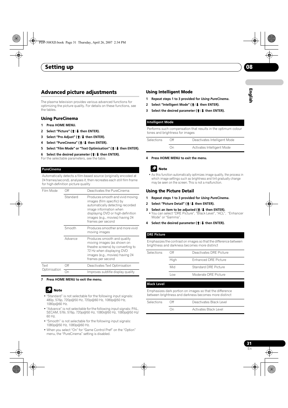 Advanced picture adjustments, Setting up 08 | Pioneer PDP-428XD User Manual | Page 31 / 260