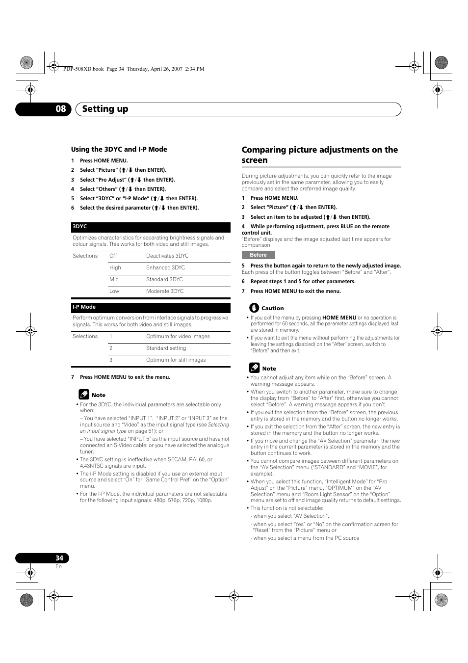 Comparing picture adjustments on the screen, Setting up 08 | Pioneer PDP-428XD User Manual | Page 34 / 260
