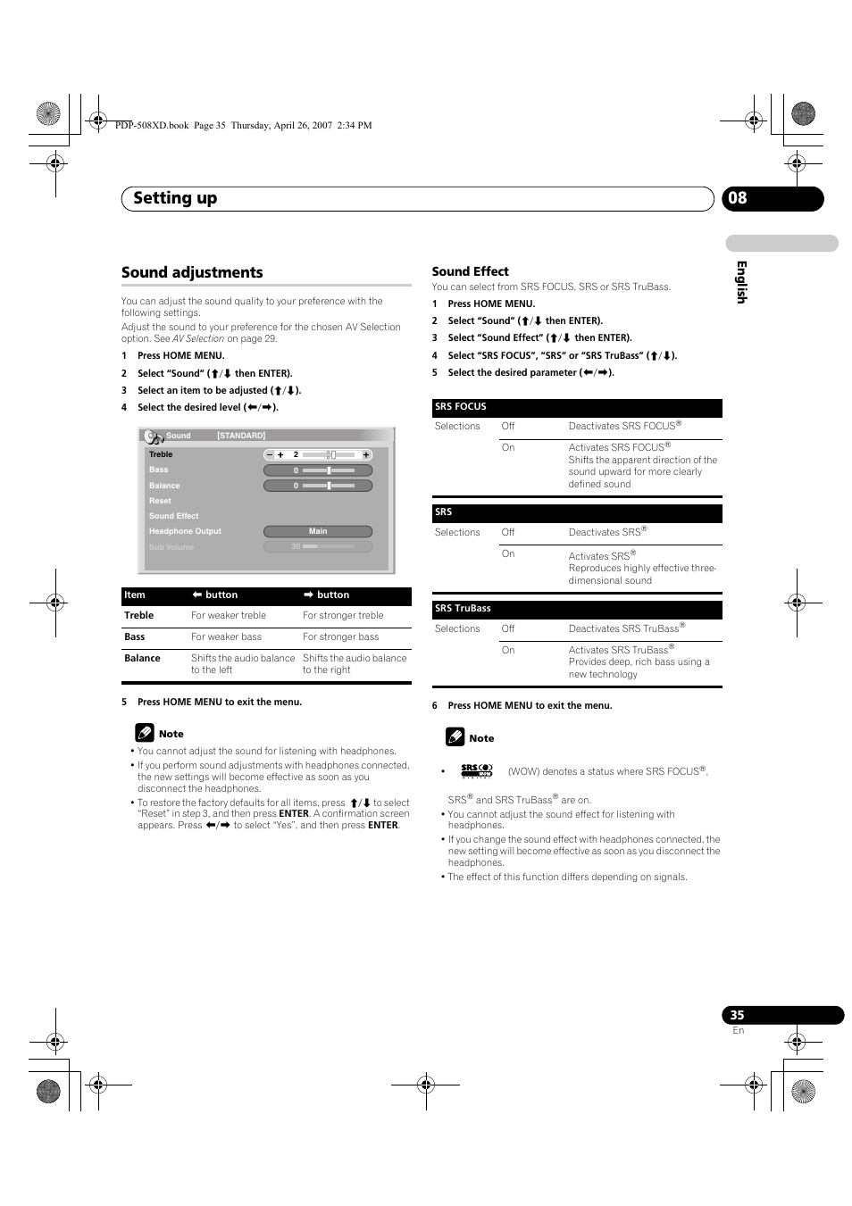 Sound adjustments, Setting up 08 | Pioneer PDP-428XD User Manual | Page 35 / 260