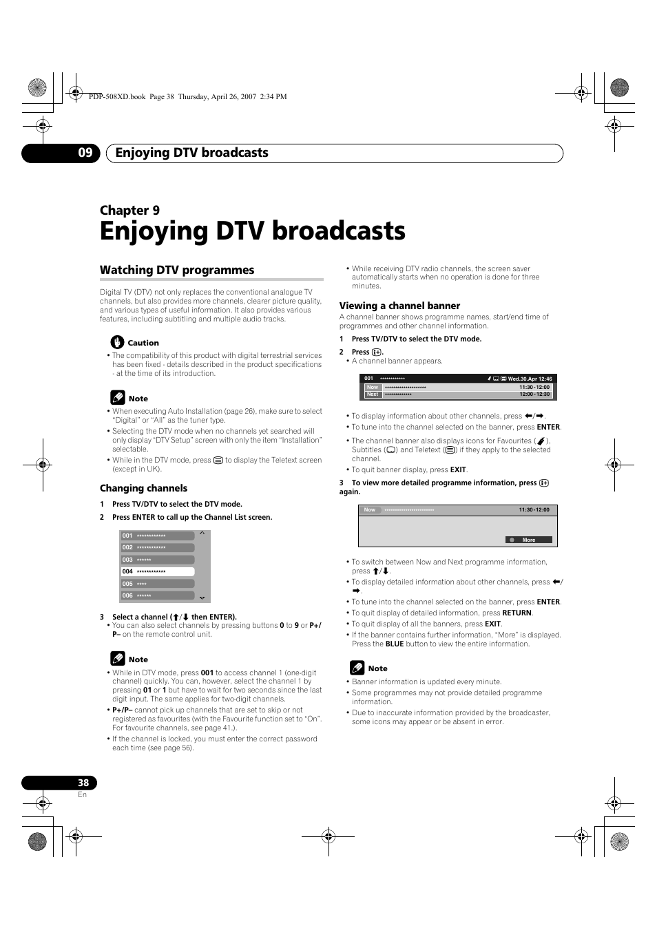 09 enjoying dtv broadcasts, Watching dtv programmes, Enjoying dtv broadcasts | Enjoying dtv broadcasts 09, Chapter 9 | Pioneer PDP-428XD User Manual | Page 38 / 260