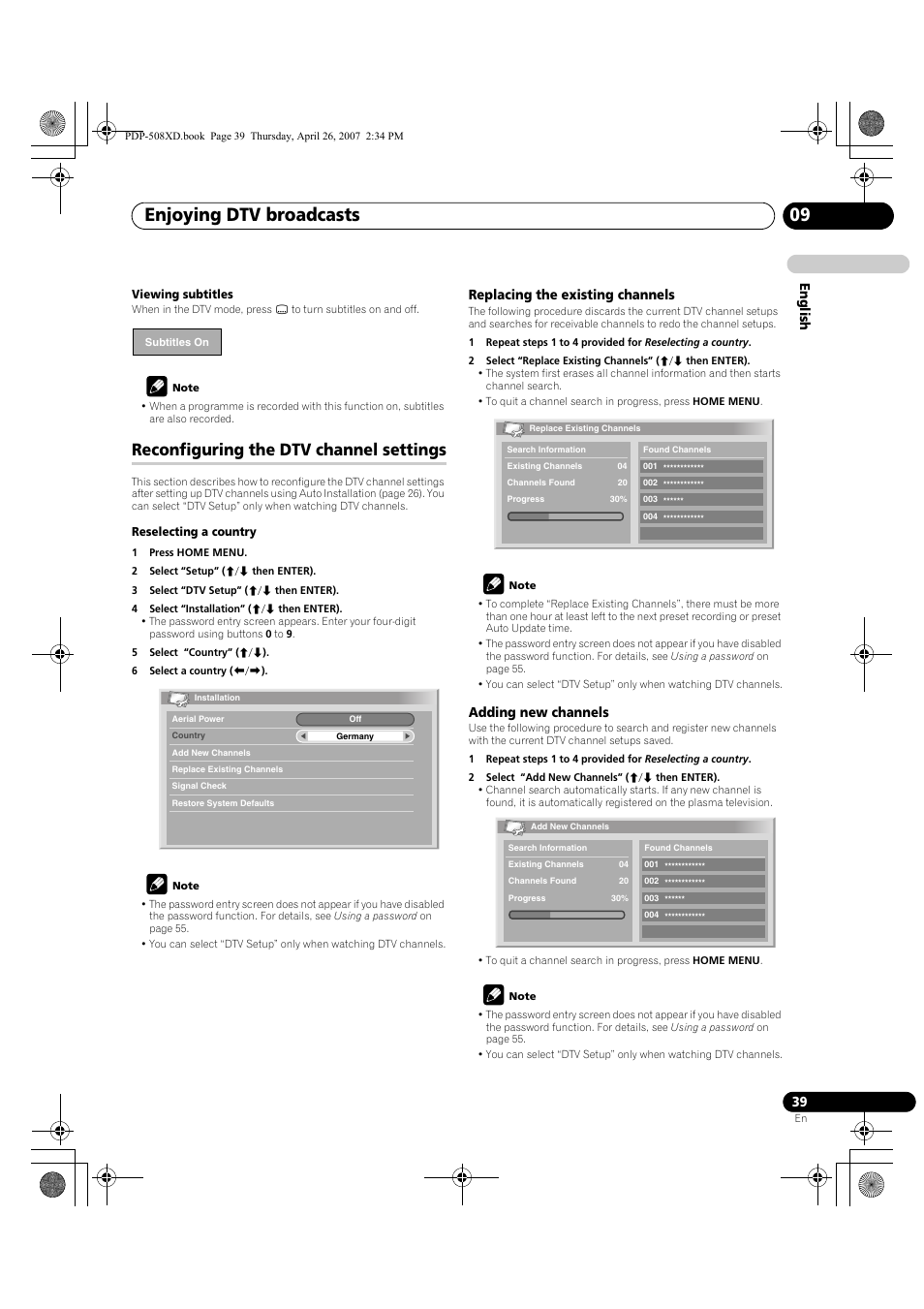 Reconfiguring the dtv channel settings, Enjoying dtv broadcasts 09, English | Replacing the existing channels, Adding new channels | Pioneer PDP-428XD User Manual | Page 39 / 260