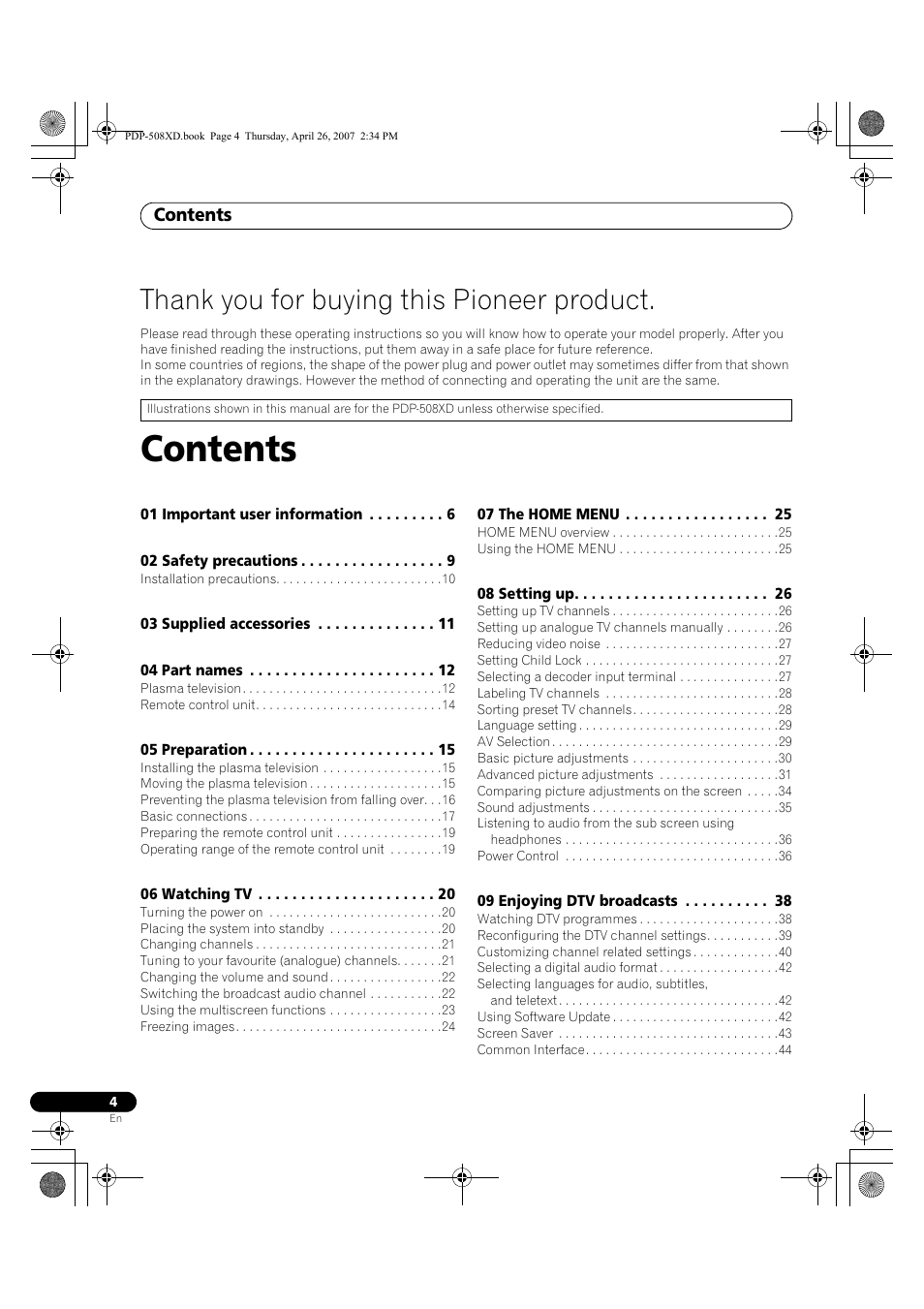 Pioneer PDP-428XD User Manual | Page 4 / 260