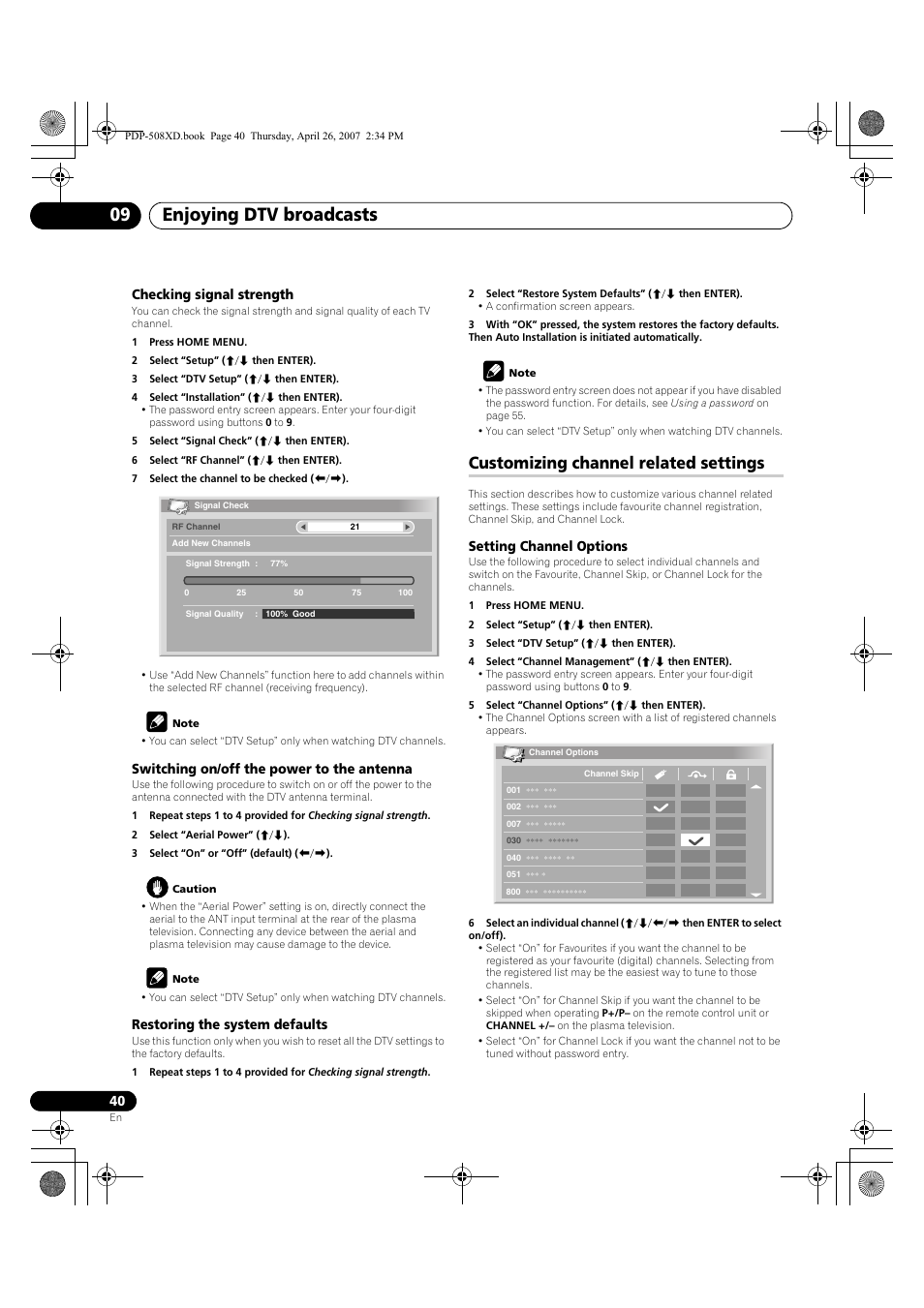 Customizing channel related settings, Enjoying dtv broadcasts 09 | Pioneer PDP-428XD User Manual | Page 40 / 260