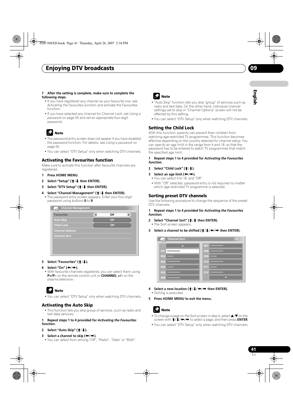 Enjoying dtv broadcasts 09, English, Activating the favourites function | Activating the auto skip, Setting the child lock, Sorting preset dtv channels | Pioneer PDP-428XD User Manual | Page 41 / 260