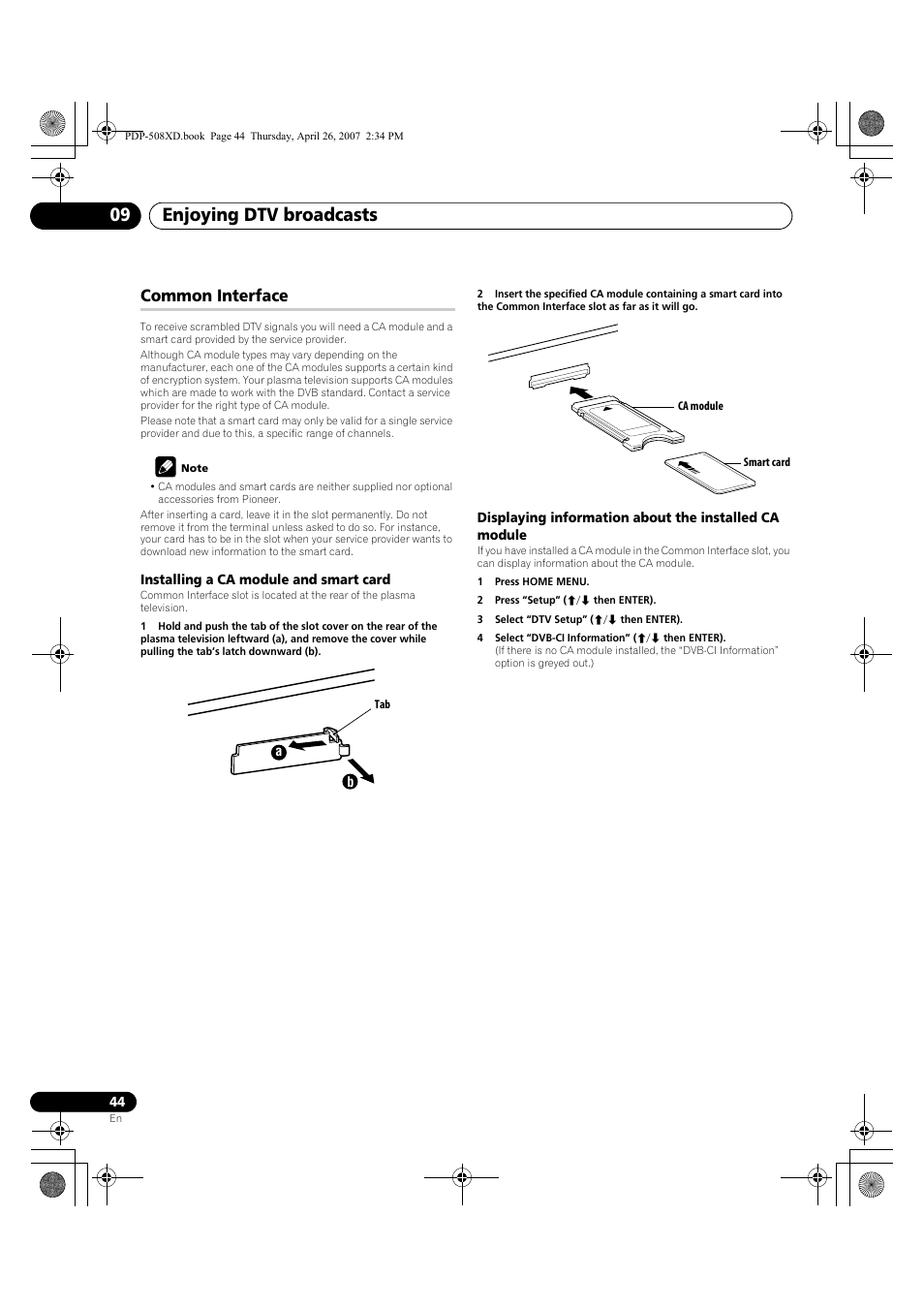 Common interface, Enjoying dtv broadcasts 09 | Pioneer PDP-428XD User Manual | Page 44 / 260