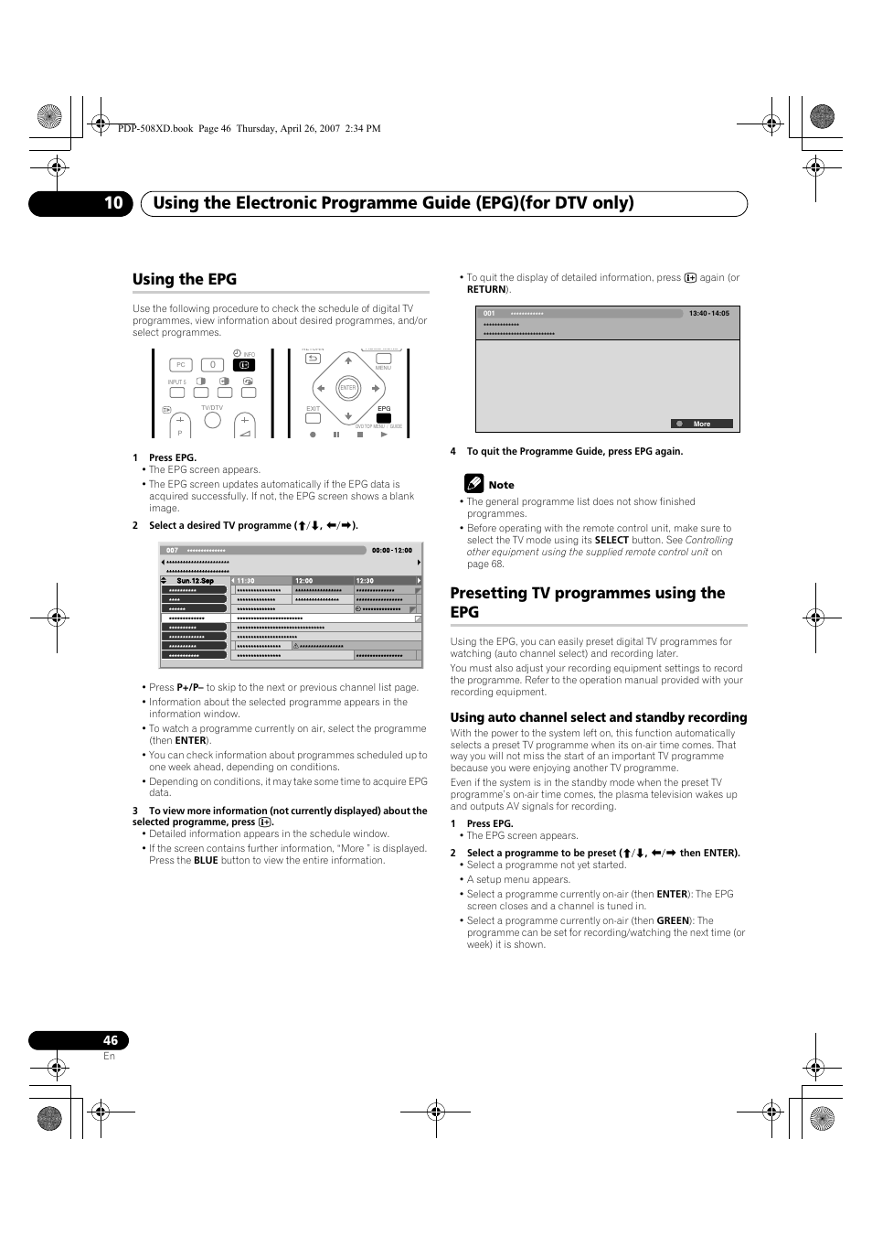 Using the epg, Presetting tv programmes using the epg, Using auto channel select and standby recording | Pioneer PDP-428XD User Manual | Page 46 / 260