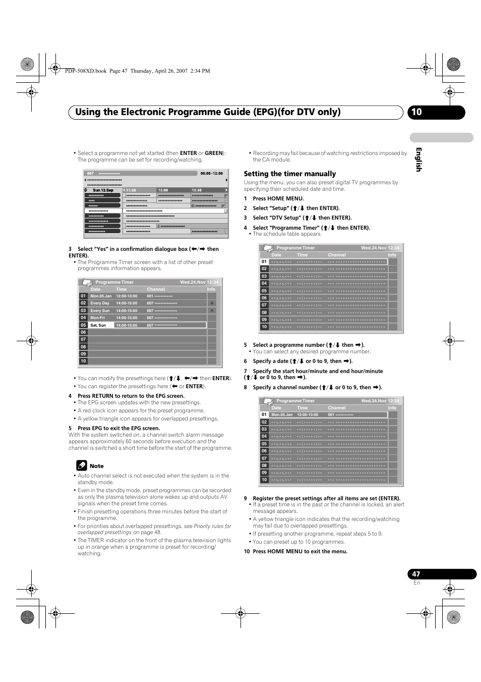 English, Setting the timer manually | Pioneer PDP-428XD User Manual | Page 47 / 260