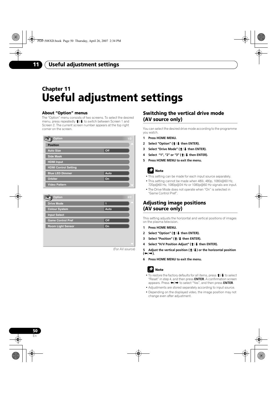 11 useful adjustment settings, Switching the vertical drive mode, Av source only) | Adjusting image positions, Useful adjustment settings, Useful adjustment settings 11, Chapter 11, Switching the vertical drive mode (av source only), Adjusting image positions (av source only) | Pioneer PDP-428XD User Manual | Page 50 / 260