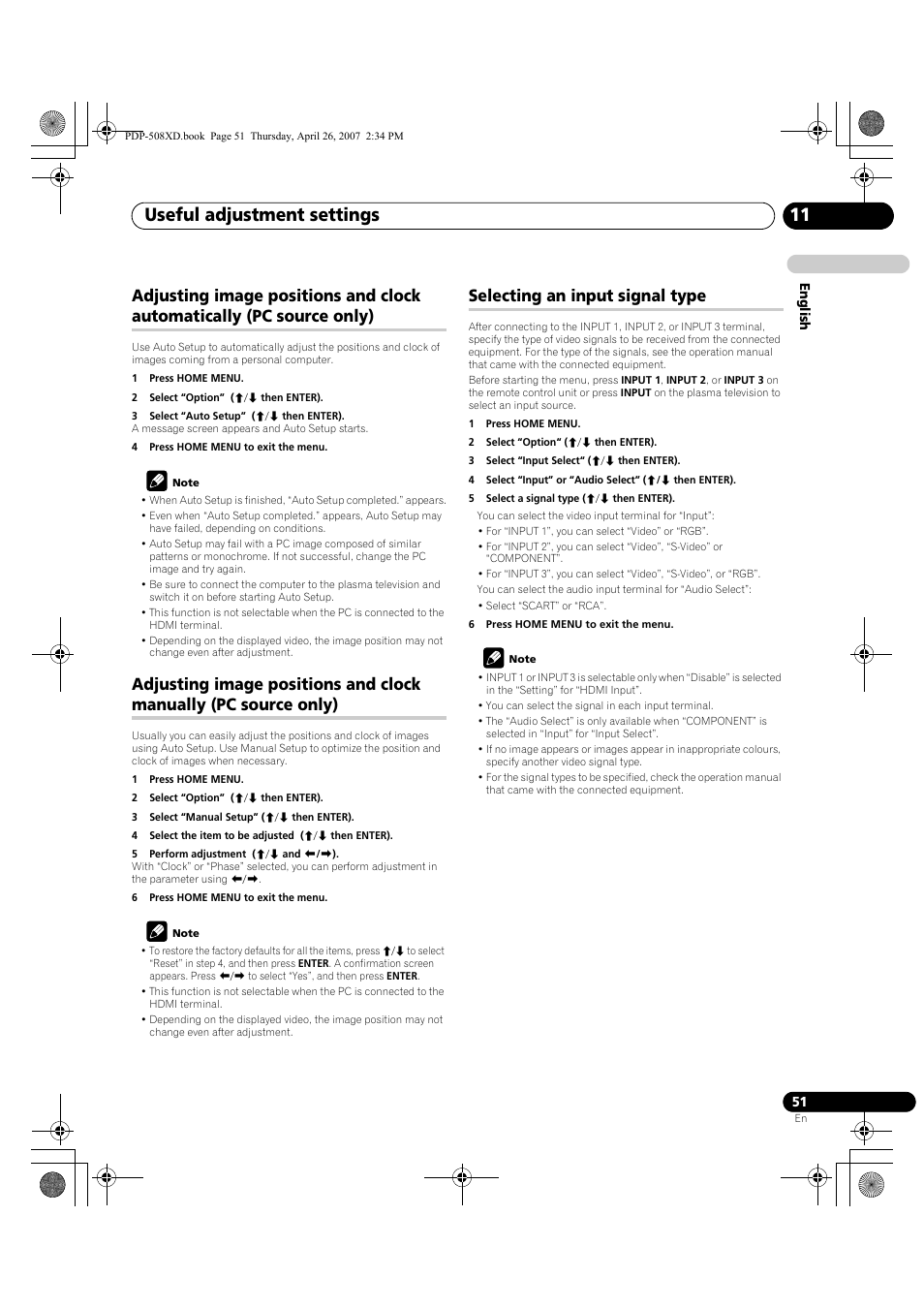 Adjusting image positions and clock automatically, Pc source only), Adjusting image positions and clock manually | Selecting an input signal type, Useful adjustment settings 11 | Pioneer PDP-428XD User Manual | Page 51 / 260