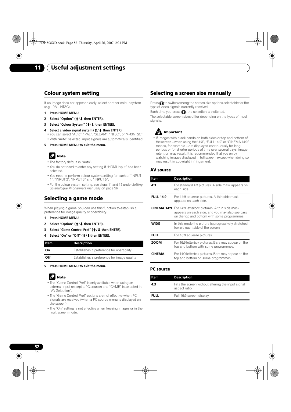 Useful adjustment settings 11, Colour system setting, Selecting a game mode | Selecting a screen size manually | Pioneer PDP-428XD User Manual | Page 52 / 260