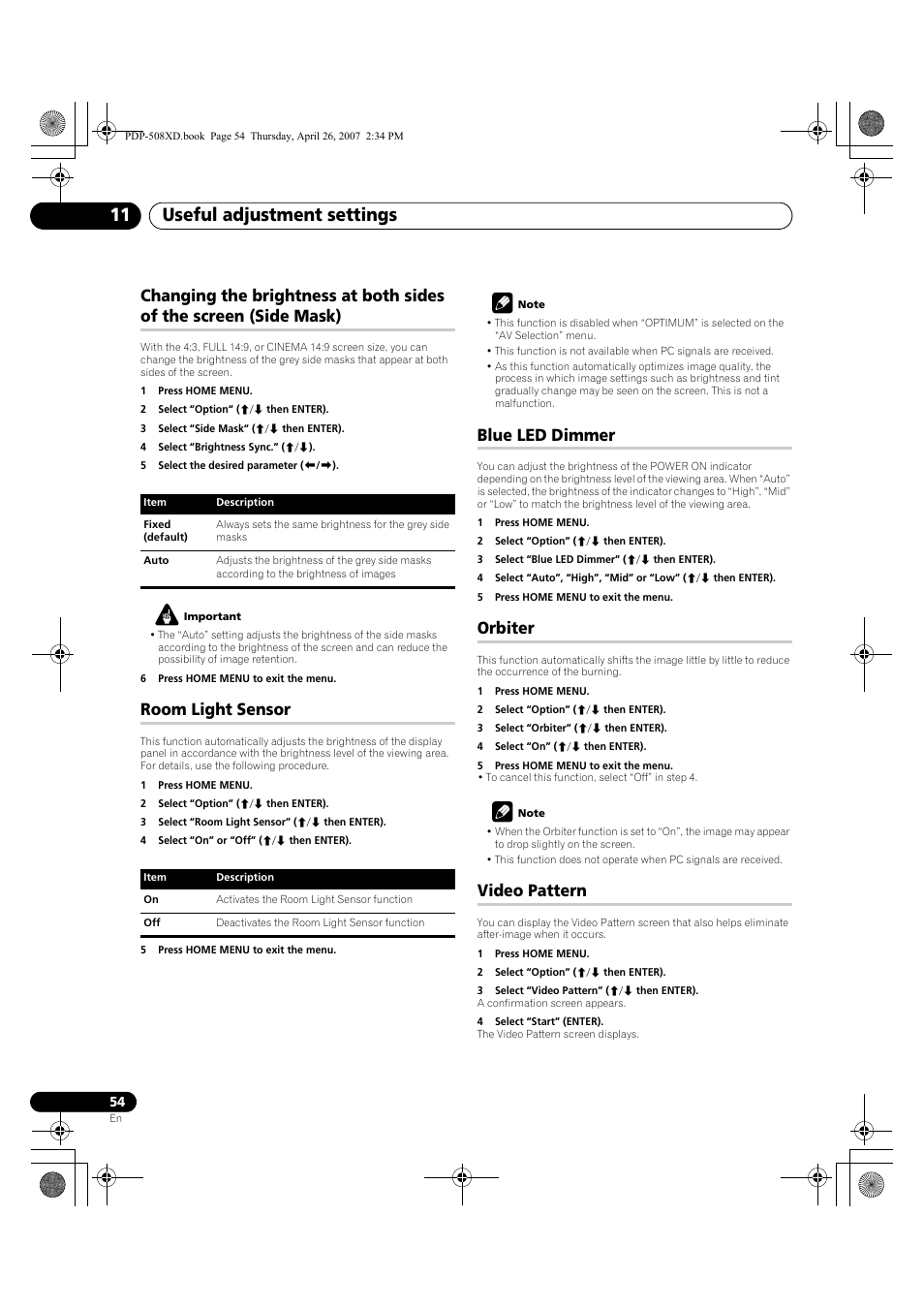 Side mask), Useful adjustment settings 11, Room light sensor | Blue led dimmer, Orbiter, Video pattern | Pioneer PDP-428XD User Manual | Page 54 / 260