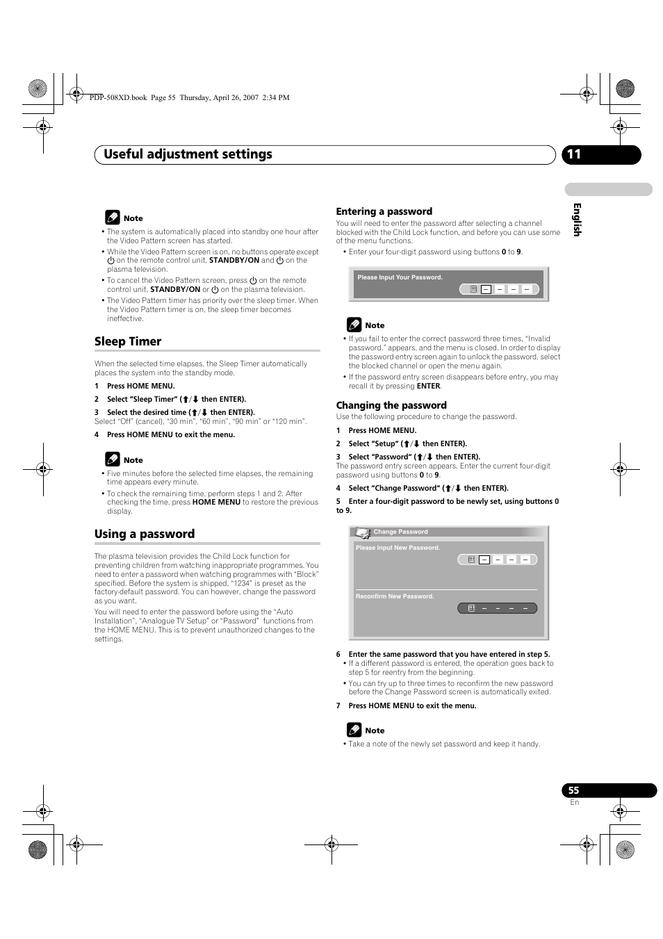Sleep timer using a password, T using a, Useful adjustment settings 11 | Sleep timer, Using a password | Pioneer PDP-428XD User Manual | Page 55 / 260