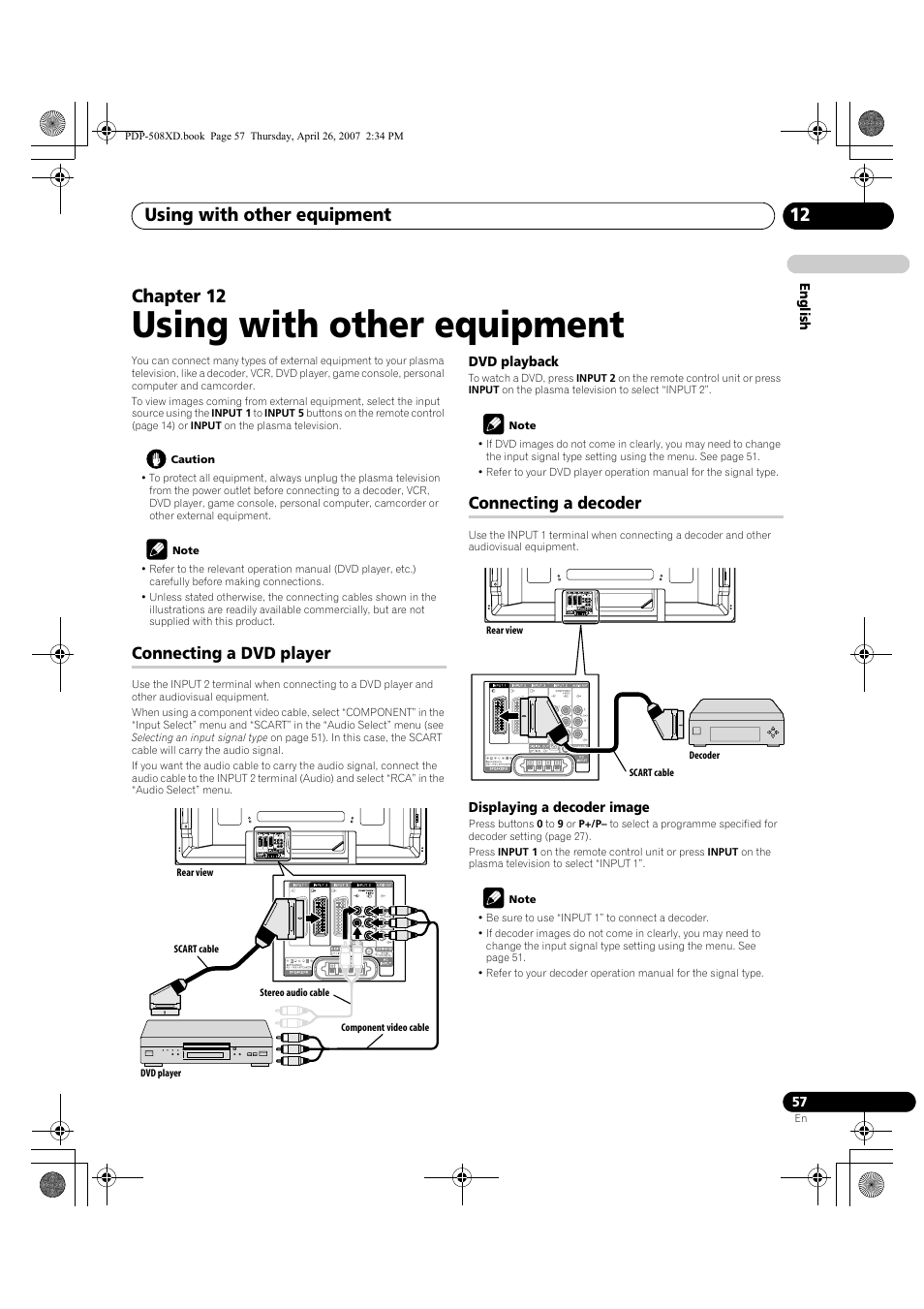 12 using with other equipment, Connecting a dvd player connecting a decoder, Using with other equipment | Using with other equipment 12, Chapter 12, Connecting a dvd player, Connecting a decoder | Pioneer PDP-428XD User Manual | Page 57 / 260