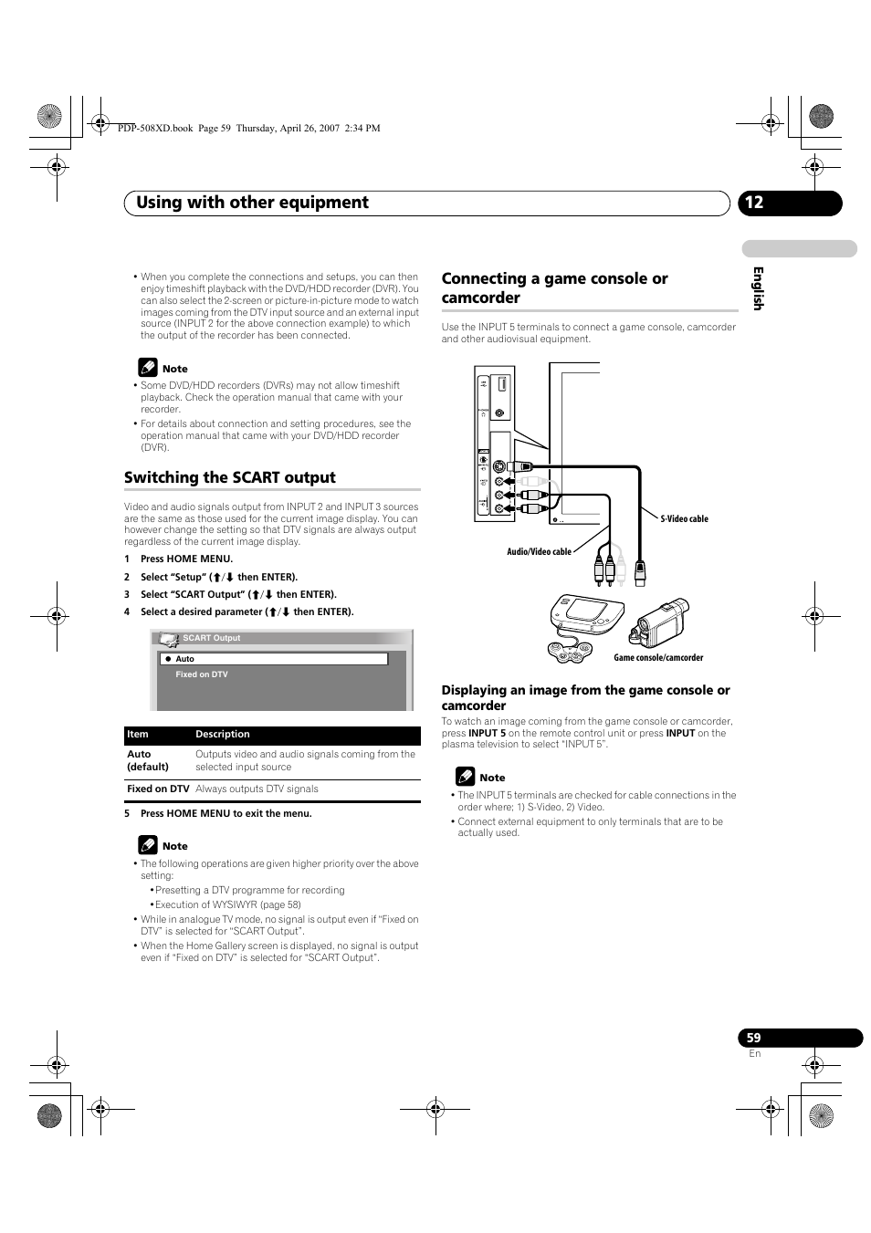 Using with other equipment 12, Switching the scart output, Connecting a game console or camcorder | Pioneer PDP-428XD User Manual | Page 59 / 260