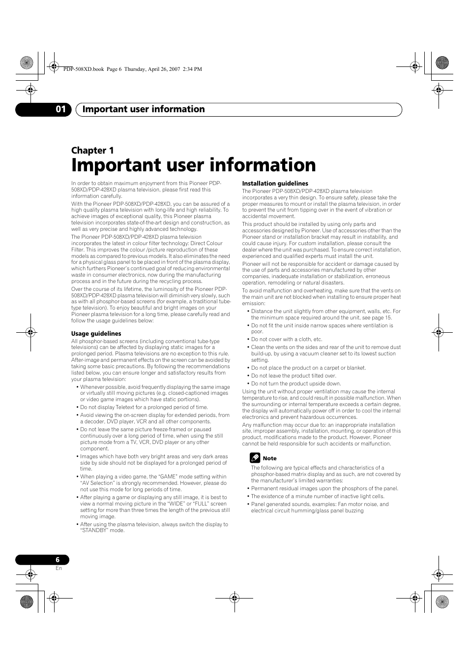 01 important user information, Important user information, Important user information 01 | Chapter 1 | Pioneer PDP-428XD User Manual | Page 6 / 260