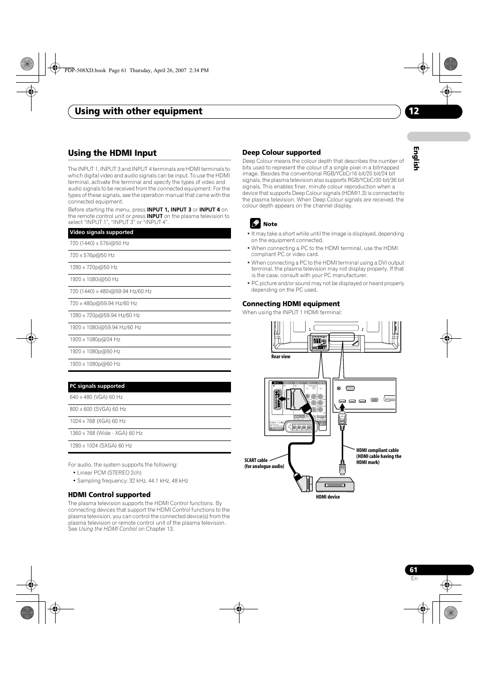 Using the hdmi input, Using with other equipment 12 | Pioneer PDP-428XD User Manual | Page 61 / 260