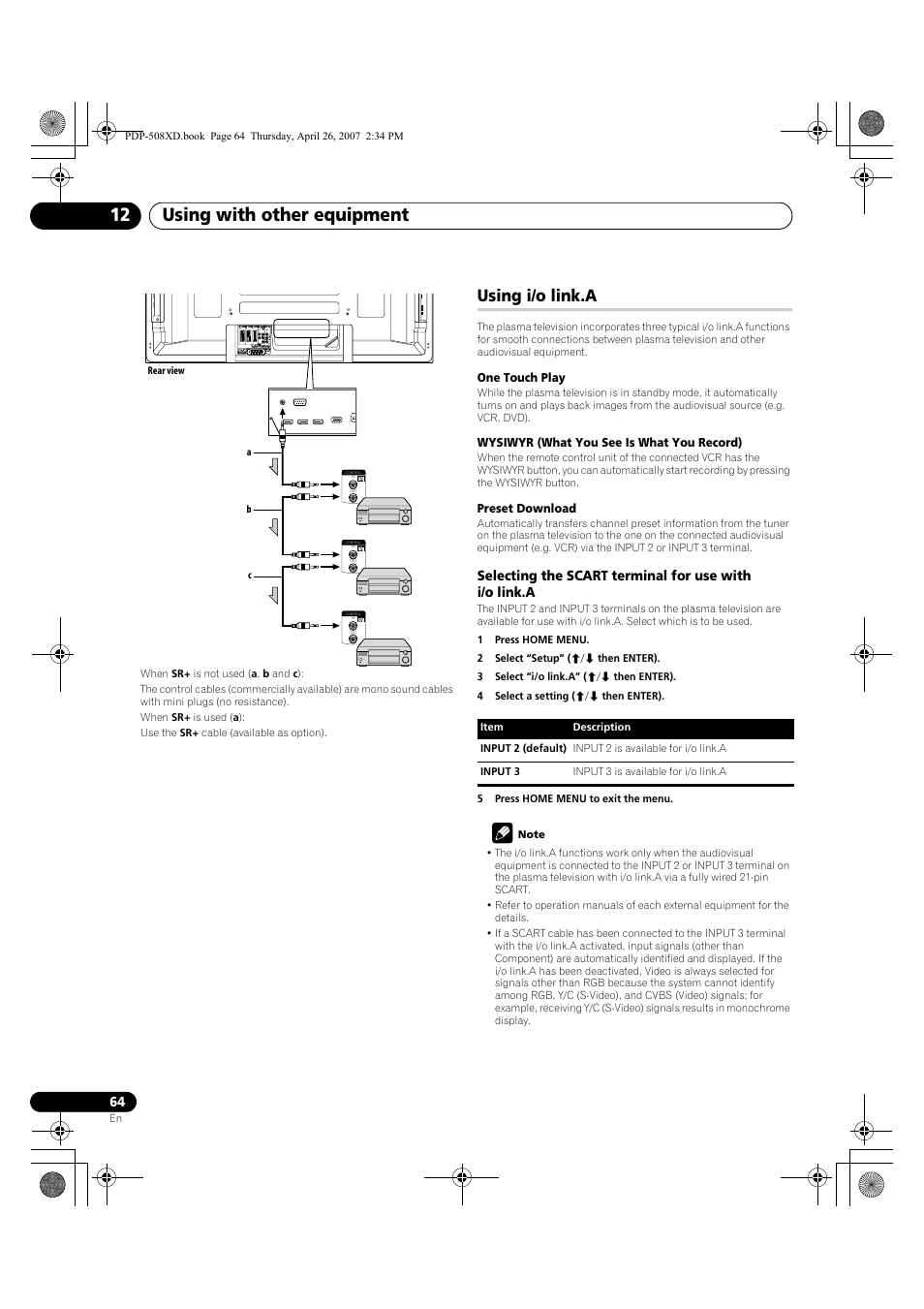 Using i/o link.a, Using with other equipment 12 | Pioneer PDP-428XD User Manual | Page 64 / 260