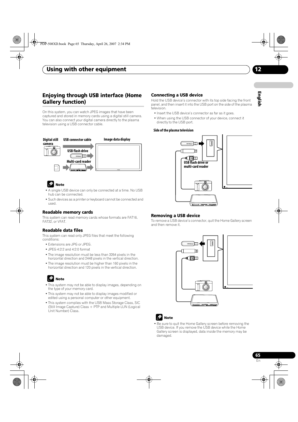 Enjoying through usb interface, Home gallery function), Using with other equipment 12 | Pioneer PDP-428XD User Manual | Page 65 / 260