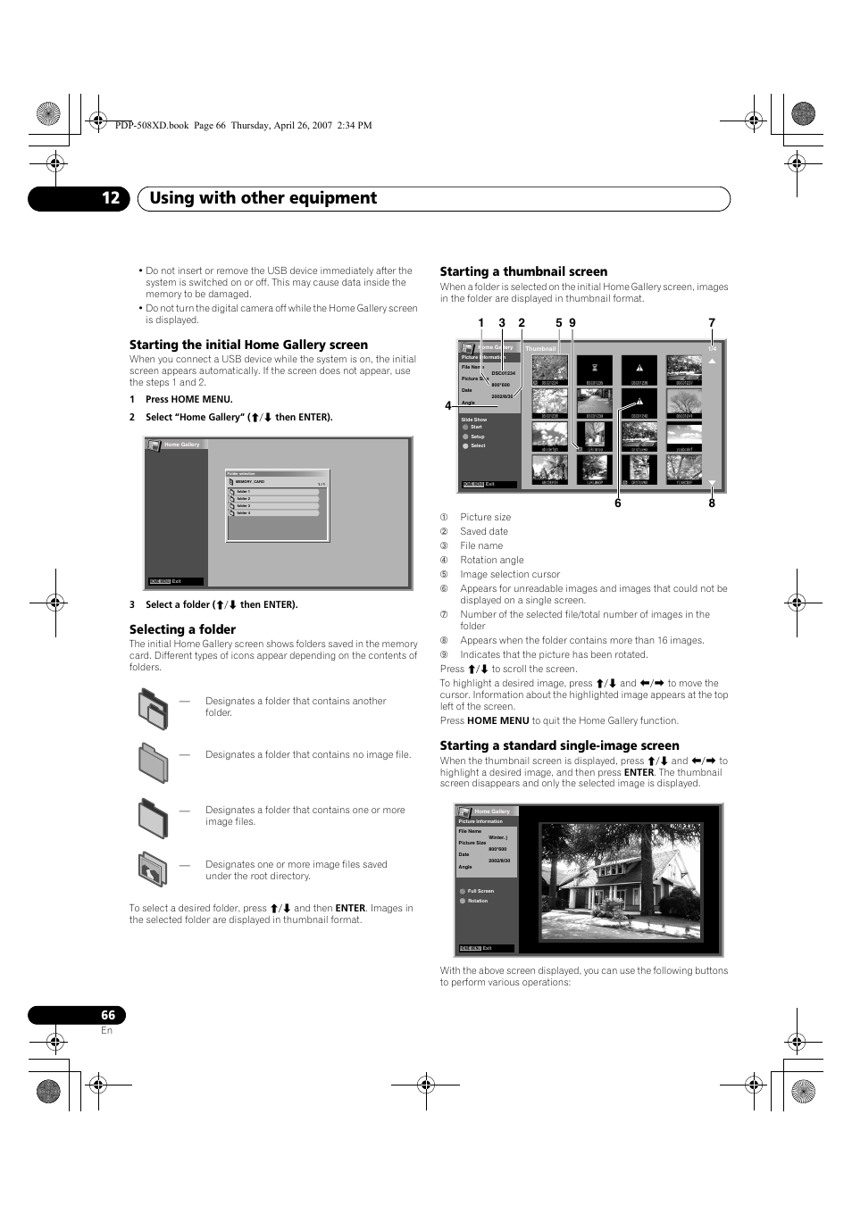 Using with other equipment 12, Starting the initial home gallery screen, Selecting a folder | Starting a thumbnail screen, Starting a standard single-image screen | Pioneer PDP-428XD User Manual | Page 66 / 260