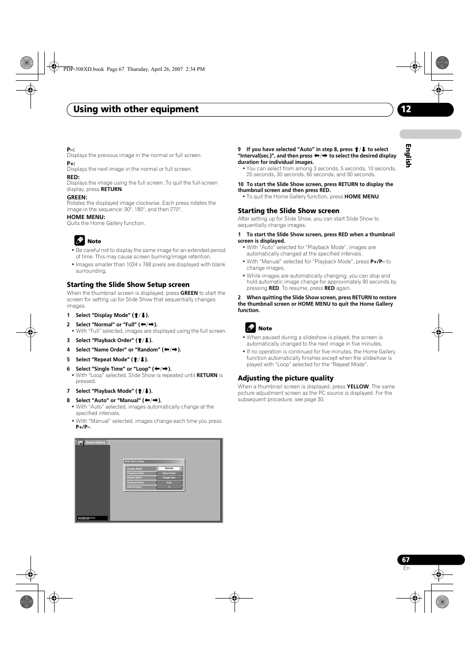 Using with other equipment 12, English, Starting the slide show setup screen | Starting the slide show screen, Adjusting the picture quality | Pioneer PDP-428XD User Manual | Page 67 / 260