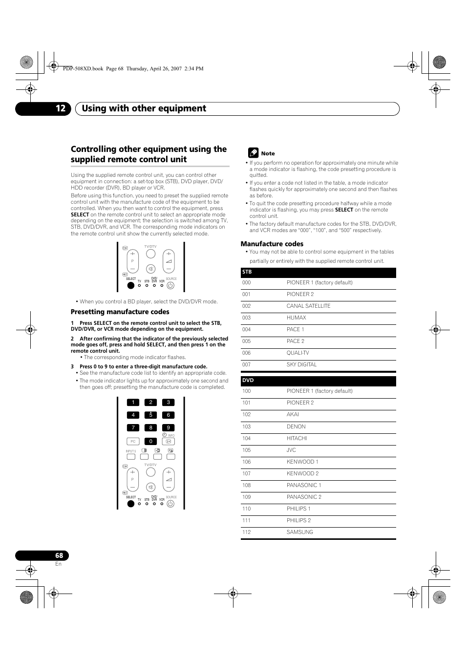 Control unit, Controlling other, Using with other equipment 12 | Pioneer PDP-428XD User Manual | Page 68 / 260