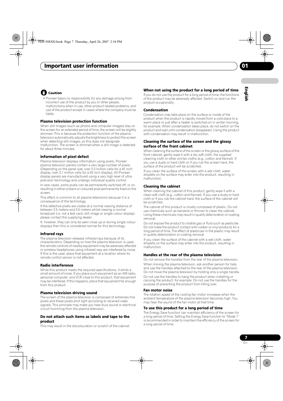 Important user information 01 | Pioneer PDP-428XD User Manual | Page 7 / 260