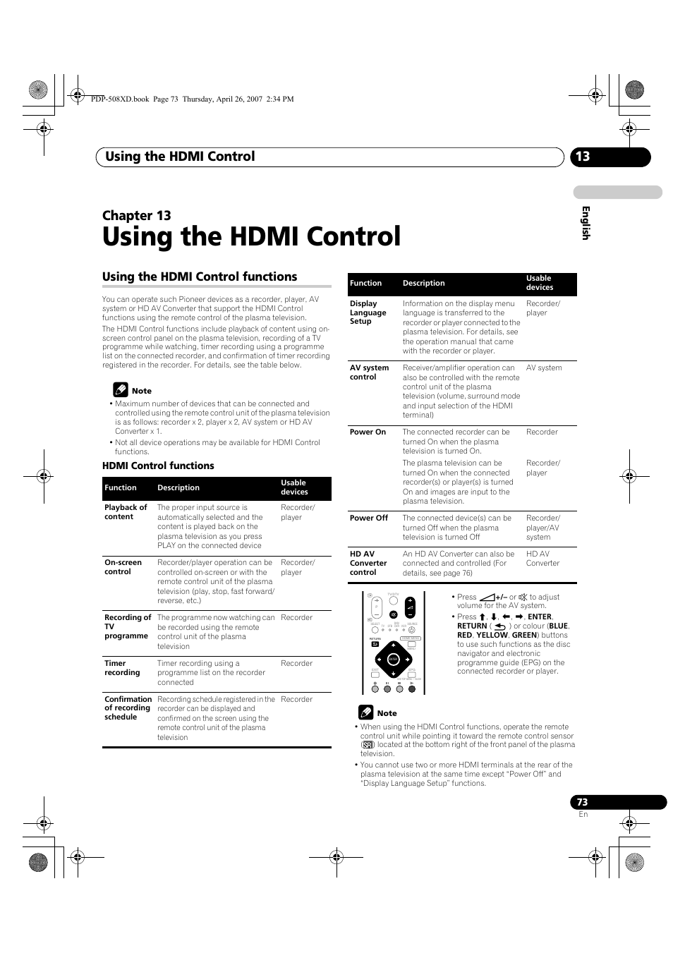 13 using the hdmi control, Using the hdmi control functions, Using the hdmi control | Using the hdmi control 13, Chapter 13, English, Hdmi control functions | Pioneer PDP-428XD User Manual | Page 73 / 260
