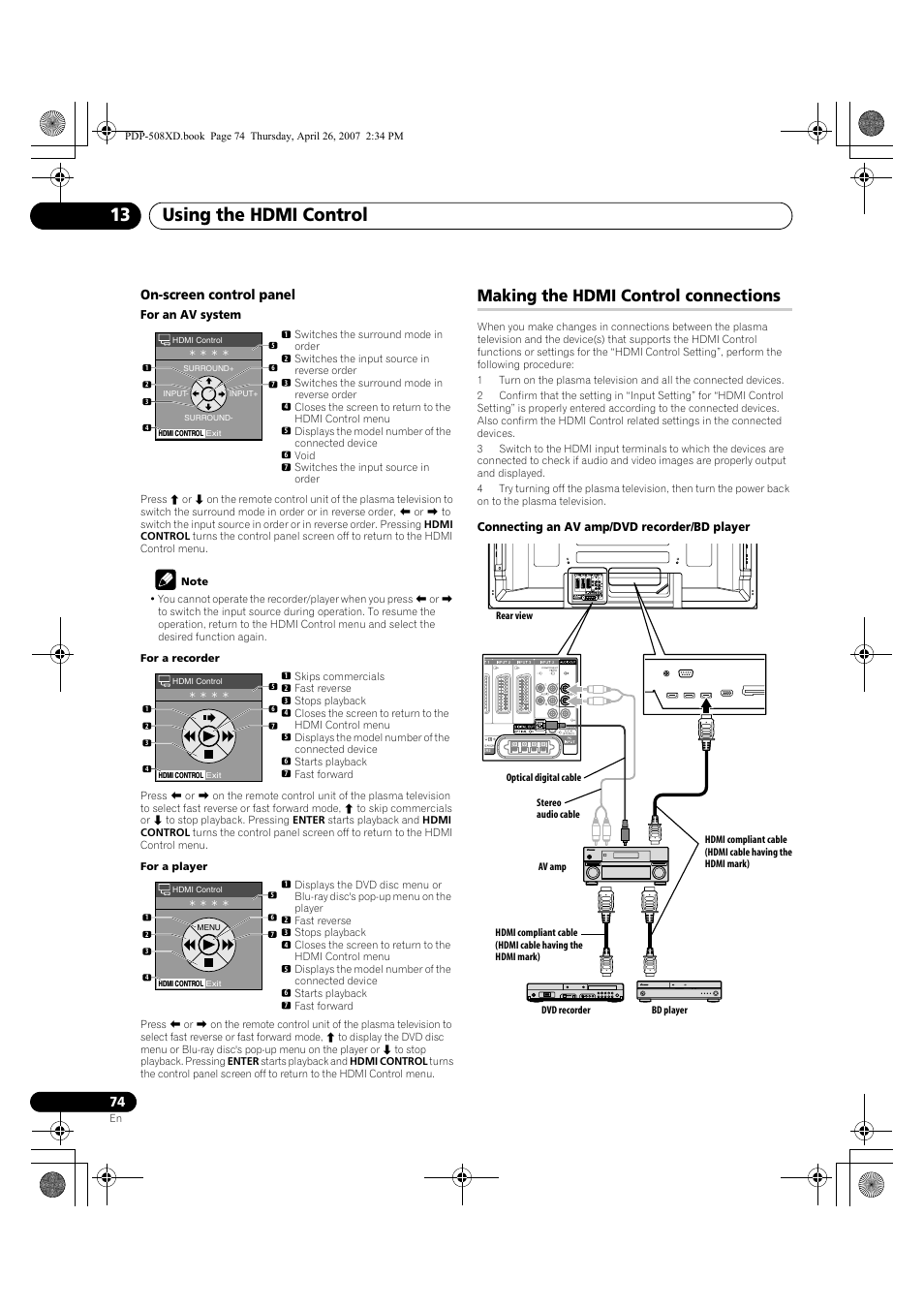 Making the hdmi control connections, Using the hdmi control 13, On-screen control panel | Pioneer PDP-428XD User Manual | Page 74 / 260