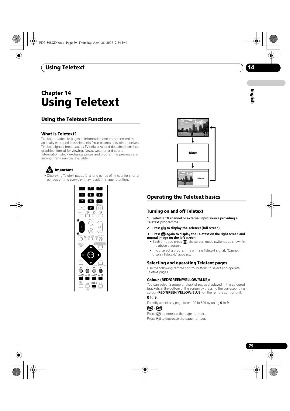 14 using teletext, Using teletext, Using teletext 14 | Chapter 14, Using the teletext functions, Operating the teletext basics, English, What is teletext, Turning on and off teletext, Selecting and operating teletext pages | Pioneer PDP-428XD User Manual | Page 79 / 260