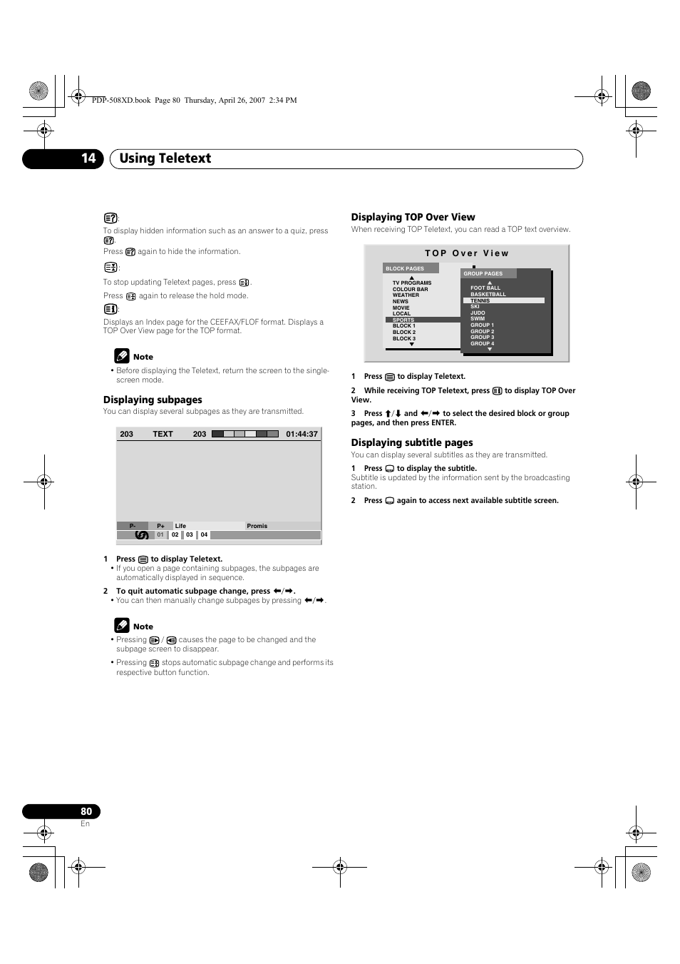 Using teletext 14 | Pioneer PDP-428XD User Manual | Page 80 / 260