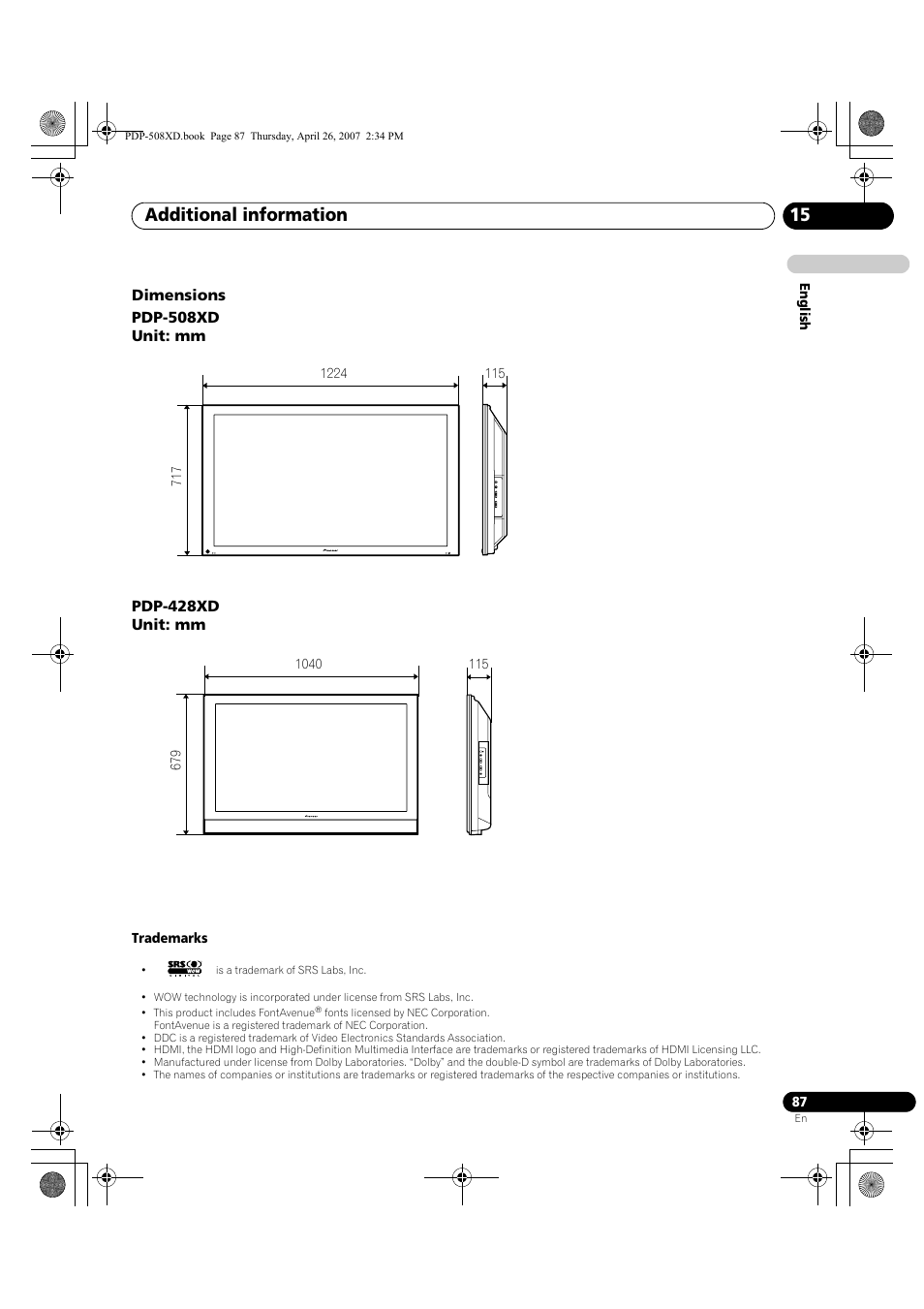 Additional information 15 | Pioneer PDP-428XD User Manual | Page 87 / 260