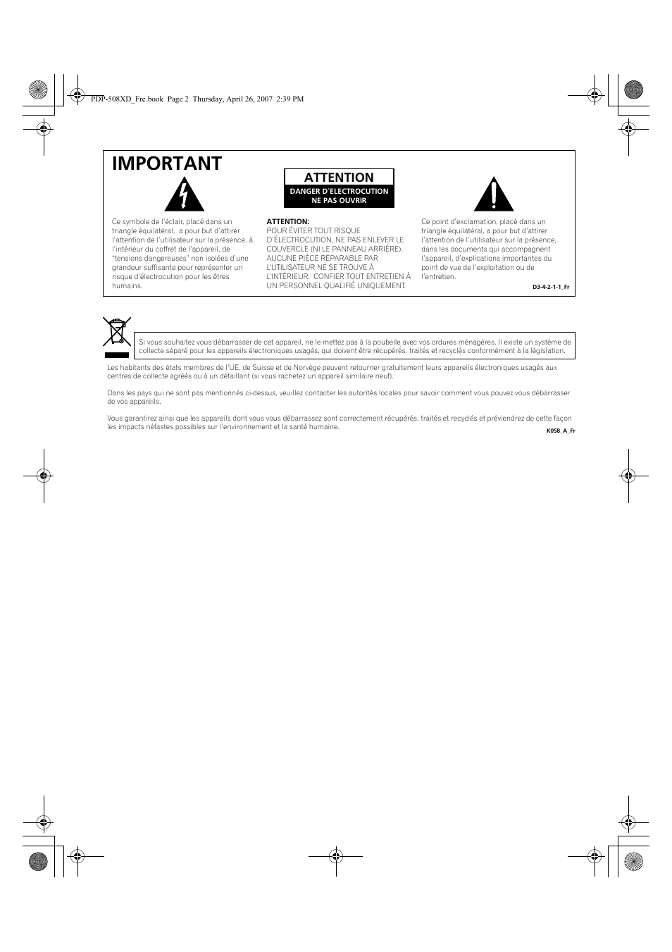 Important, Attention | Pioneer PDP-428XD User Manual | Page 88 / 260