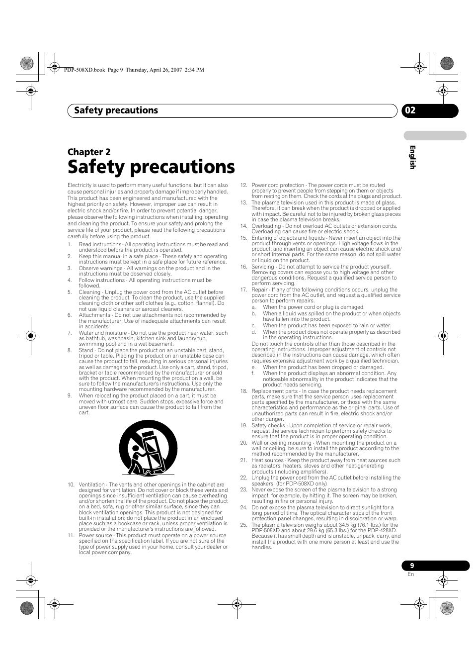 02 safety precautions, Safety precautions, Safety precautions 02 | Chapter 2 | Pioneer PDP-428XD User Manual | Page 9 / 260