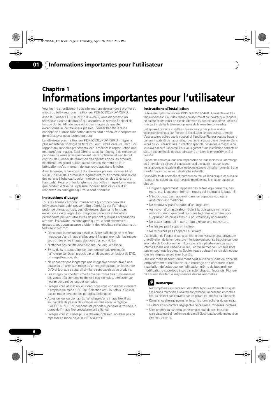 01 informations importantes pour, L’utilisateur, Informations importantes pour l’utilisateur | Informations importantes pour l’utilisateur 01, Chapitre 1 | Pioneer PDP-428XD User Manual | Page 92 / 260