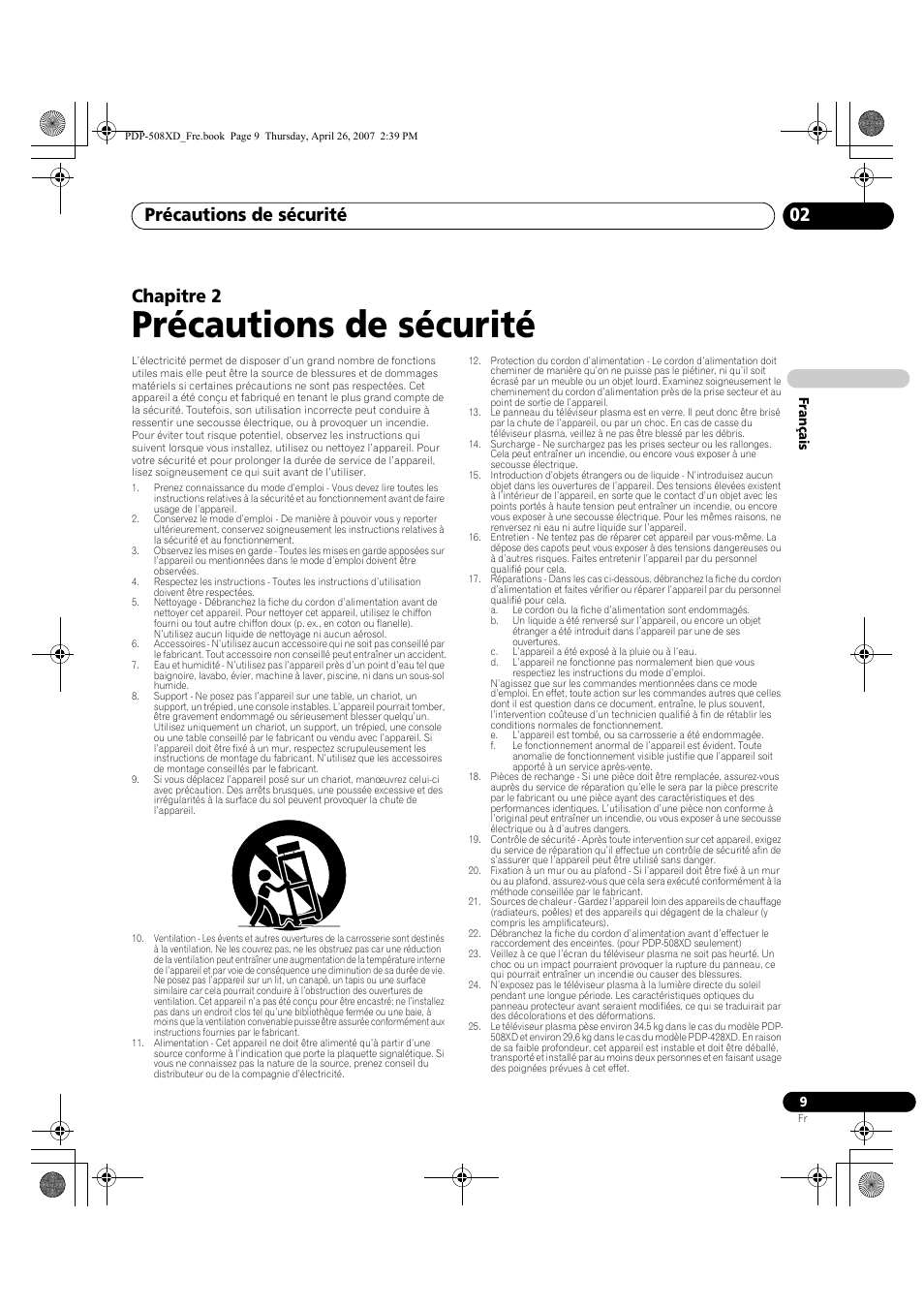 02 précautions de sécurité, Précautions de sécurité, Précautions de sécurité 02 | Chapitre 2 | Pioneer PDP-428XD User Manual | Page 95 / 260