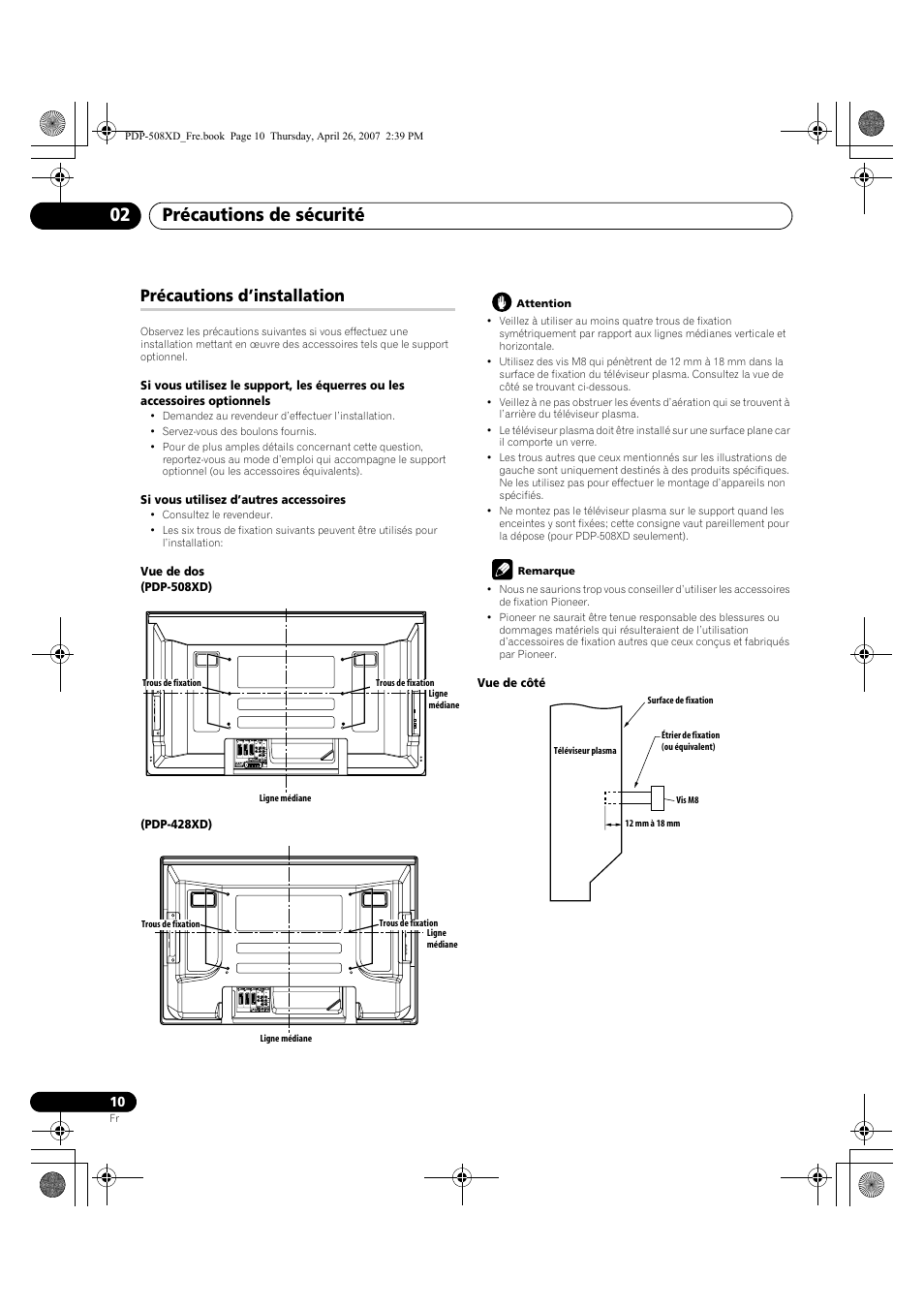 Précautions d’installation, Précautions de sécurité 02 | Pioneer PDP-428XD User Manual | Page 96 / 260