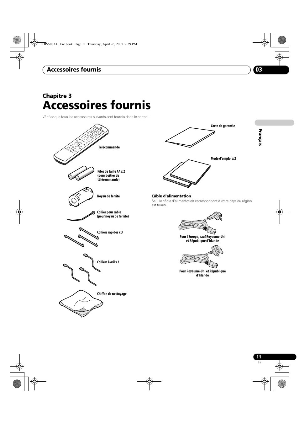03 accessoires fournis, Accessoires fournis, Accessoires fournis 03 | Chapitre 3 | Pioneer PDP-428XD User Manual | Page 97 / 260