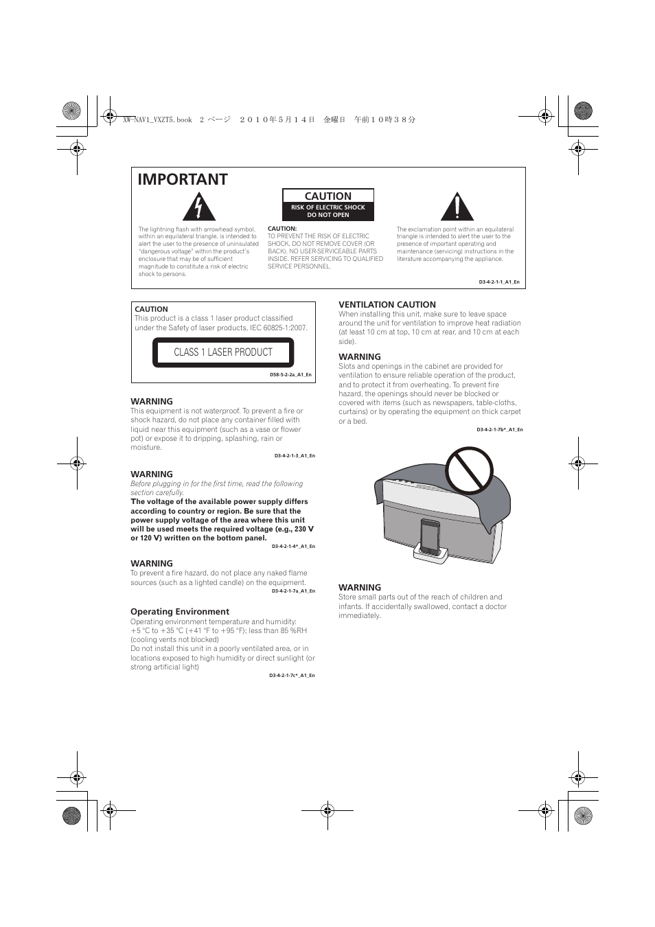 Important, Caution, Class 1 laser product | Pioneer XW-NAV1-K User Manual | Page 2 / 44