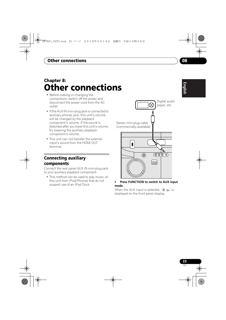 08 other connections, Connecting auxiliary components, Other connections | Other connections 08, Chapter 8 | Pioneer XW-NAV1-K User Manual | Page 23 / 44