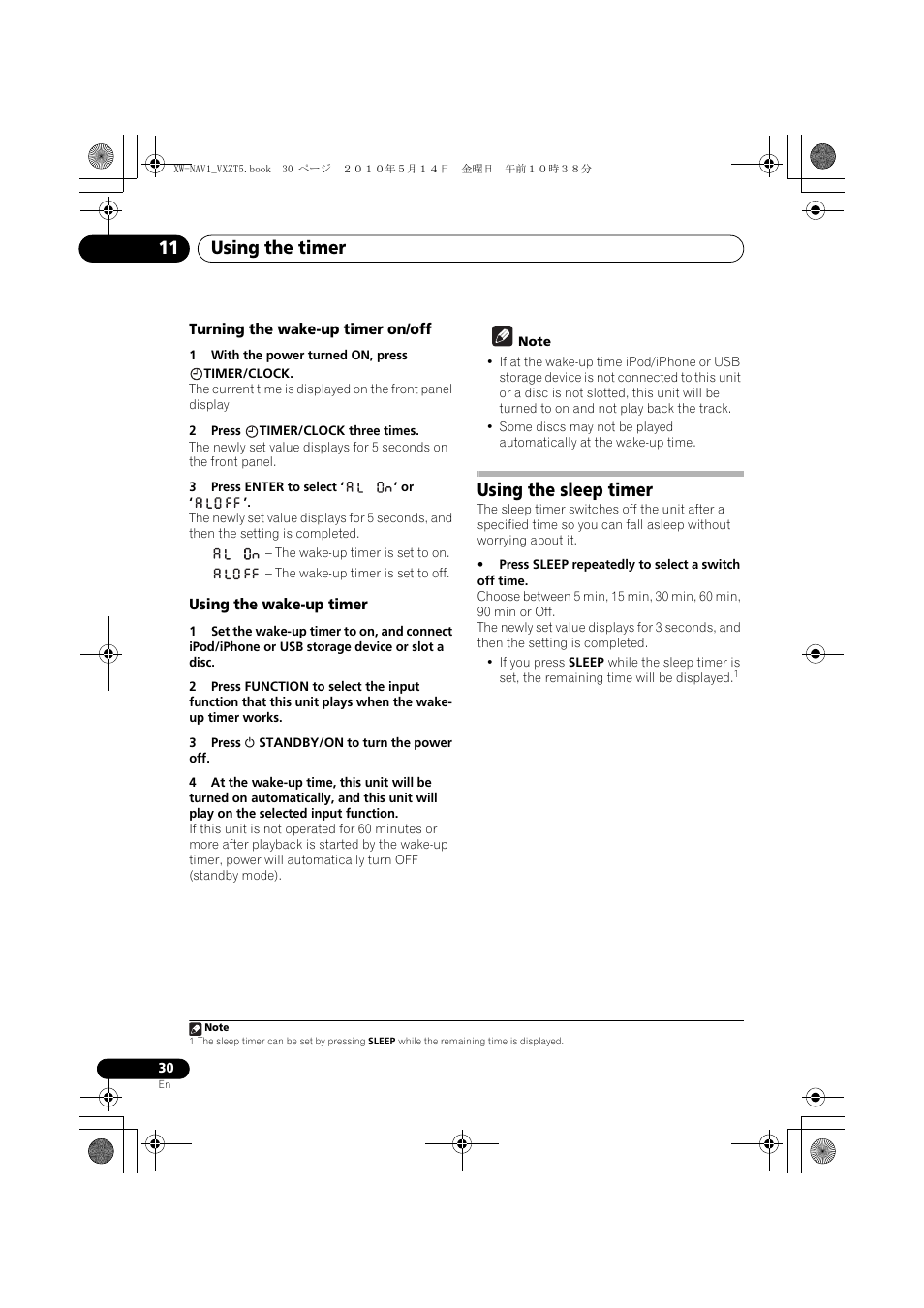 Turning the wake-up timer on/off, Using the wake-up timer, Using the sleep timer | Using the timer 11 | Pioneer XW-NAV1-K User Manual | Page 30 / 44