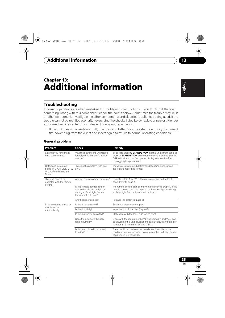 13 additional information, Troubleshooting, Additional information | Additional information 13, Chapter 13, English français español | Pioneer XW-NAV1-K User Manual | Page 35 / 44