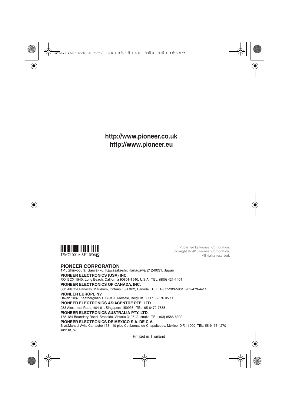 Pioneer corporation | Pioneer XW-NAV1-K User Manual | Page 44 / 44