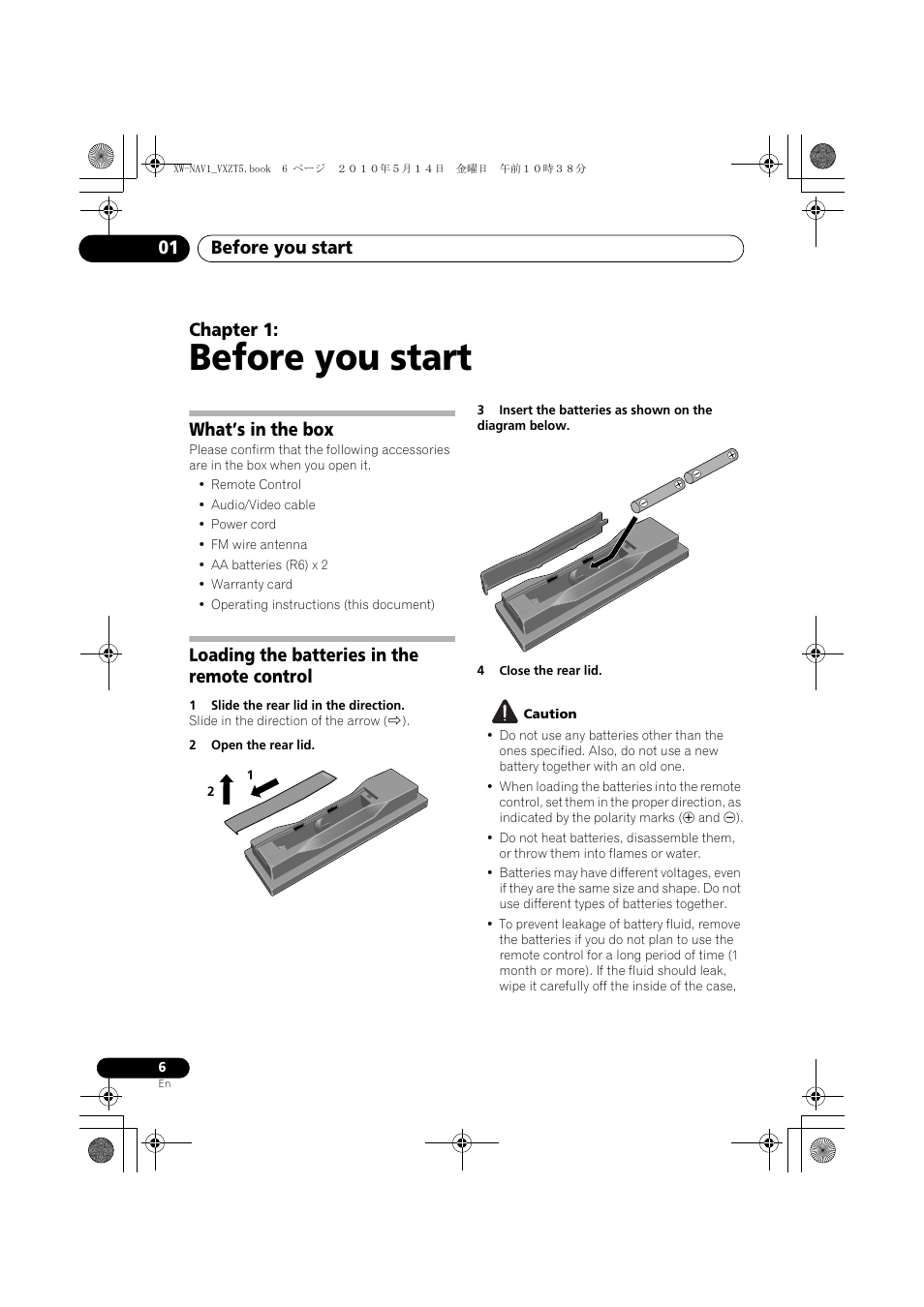 01 before you start, What’s in the box, Loading the batteries in the remote control | Before you start, Before you start 01, Chapter 1 | Pioneer XW-NAV1-K User Manual | Page 6 / 44