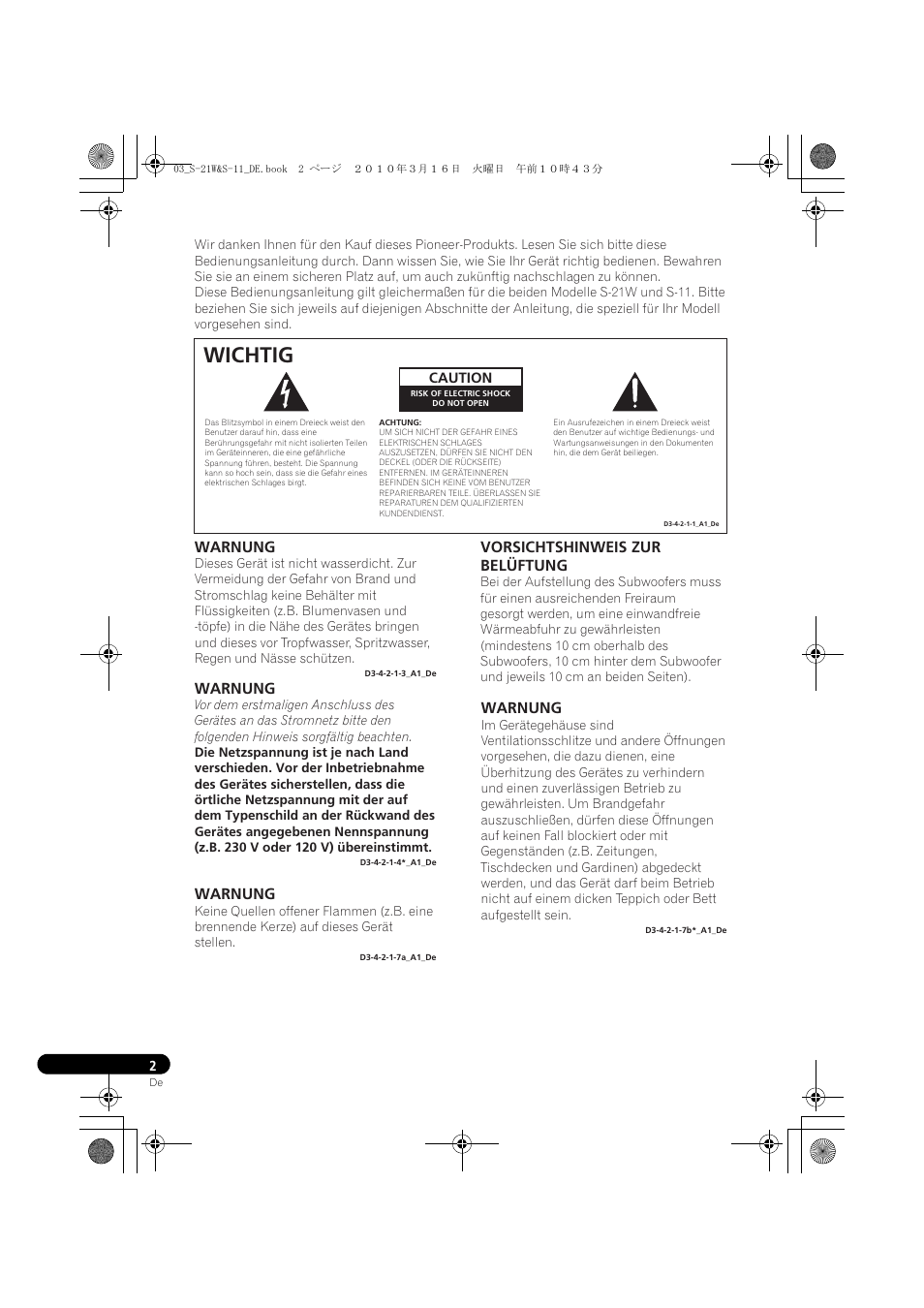Wichtig, Warnung, Vorsichtshinweis zur belüftung | Pioneer S-HS100 User Manual | Page 28 / 112