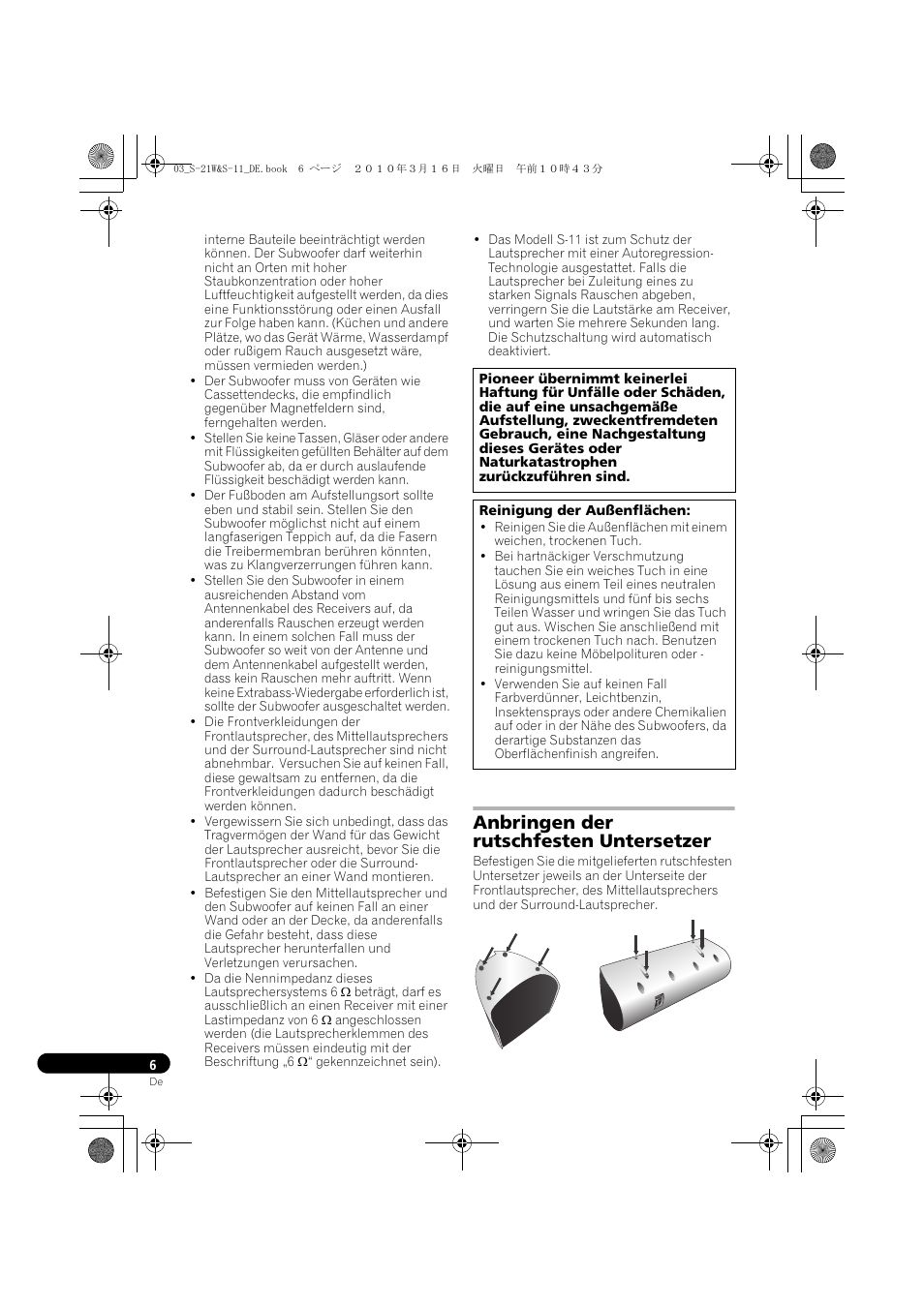 Anbringen der rutschfesten untersetzer | Pioneer S-HS100 User Manual | Page 32 / 112